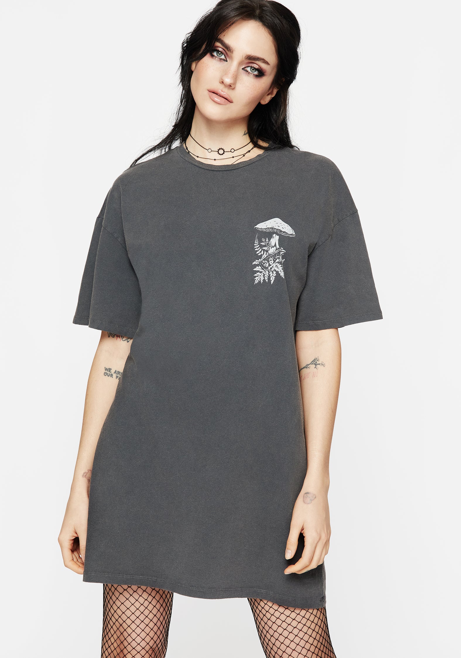 Relaxed Fit Mushroom Print Cotton Tee Dress | Washed Grey