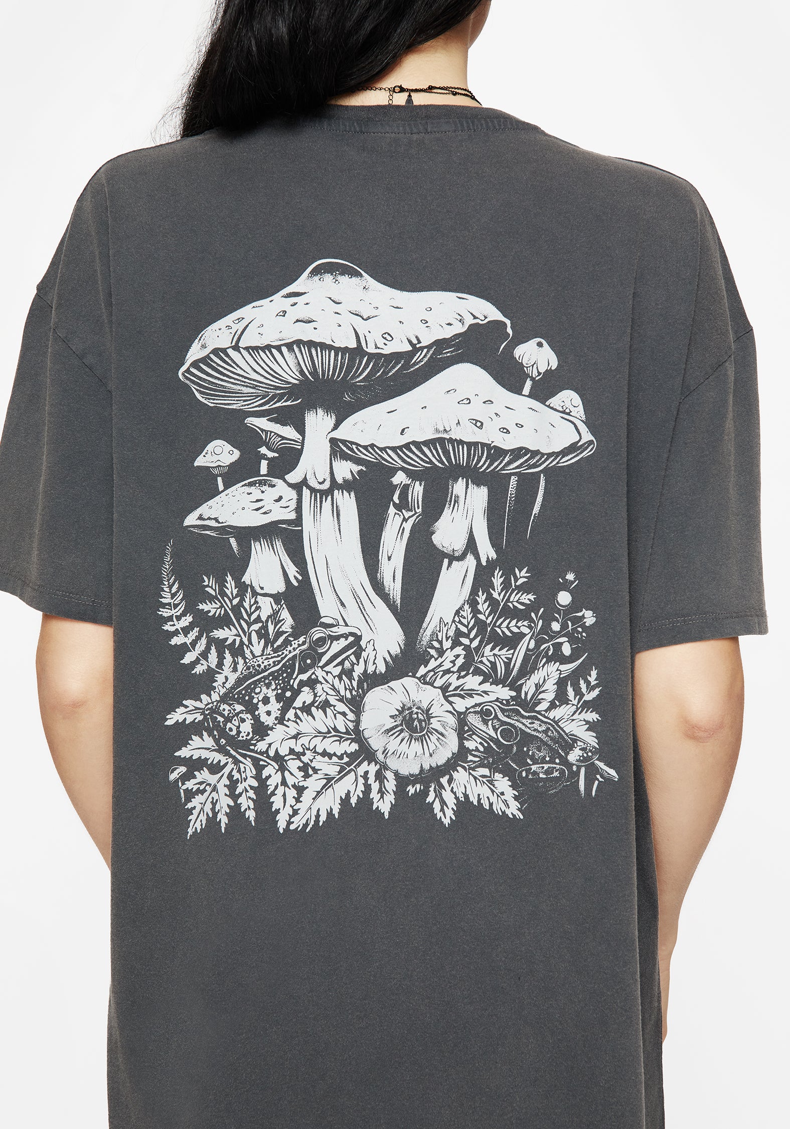 Relaxed Fit Mushroom Print Cotton Tee Dress | Washed Grey