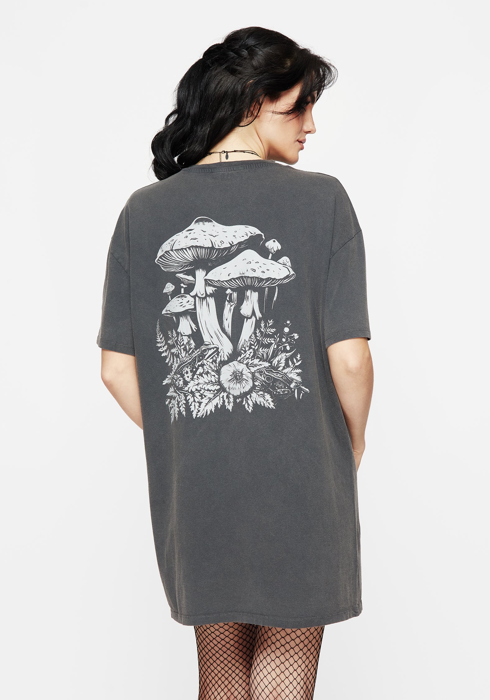 Relaxed Fit Mushroom Print Cotton Tee Dress | Washed Grey