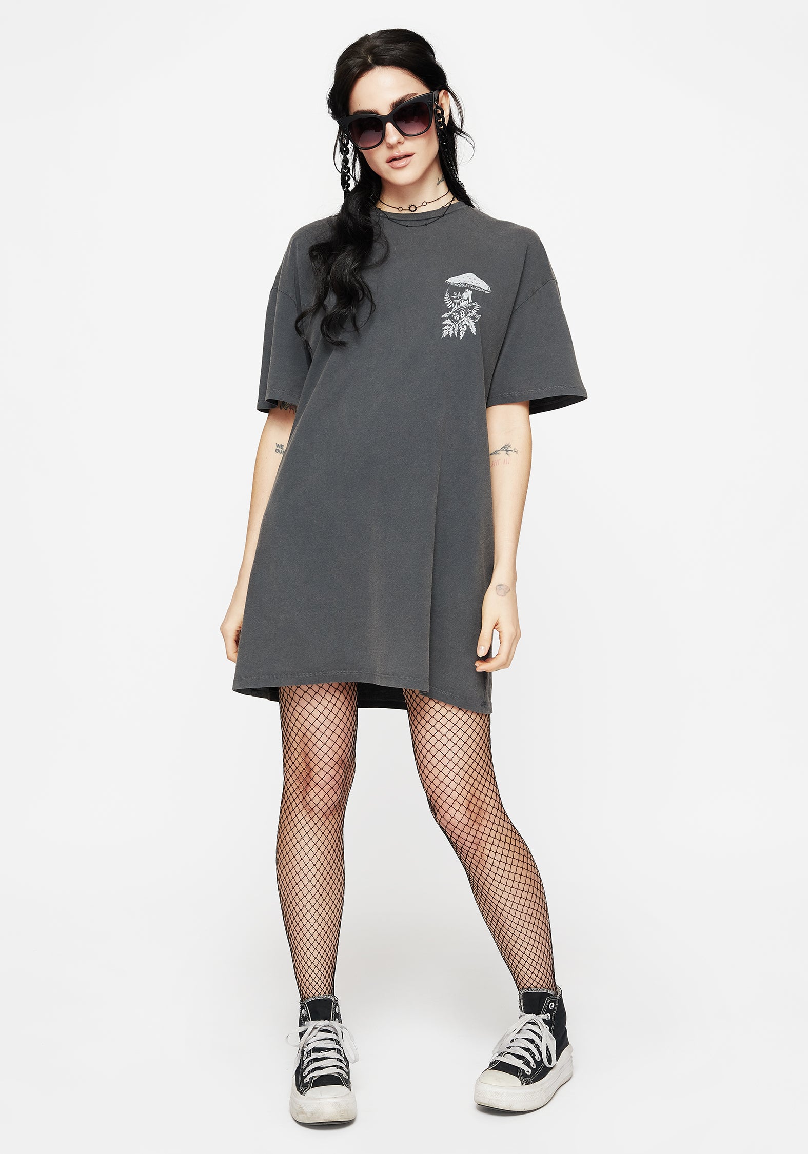Relaxed Fit Mushroom Print Cotton Tee Dress | Washed Grey