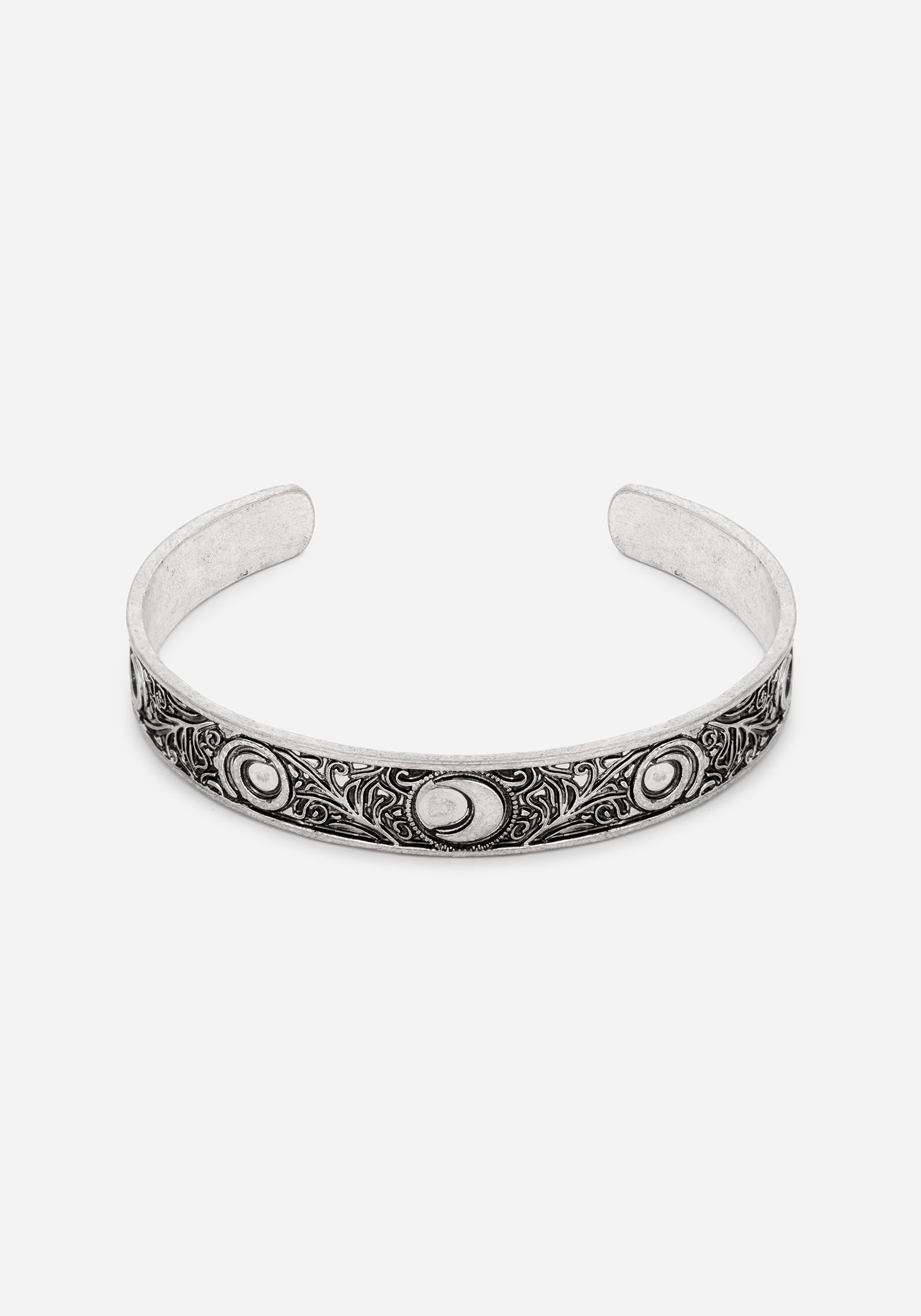Silver Celestial Moon Cuff Bracelet with Botanical Engraving | Systemagic