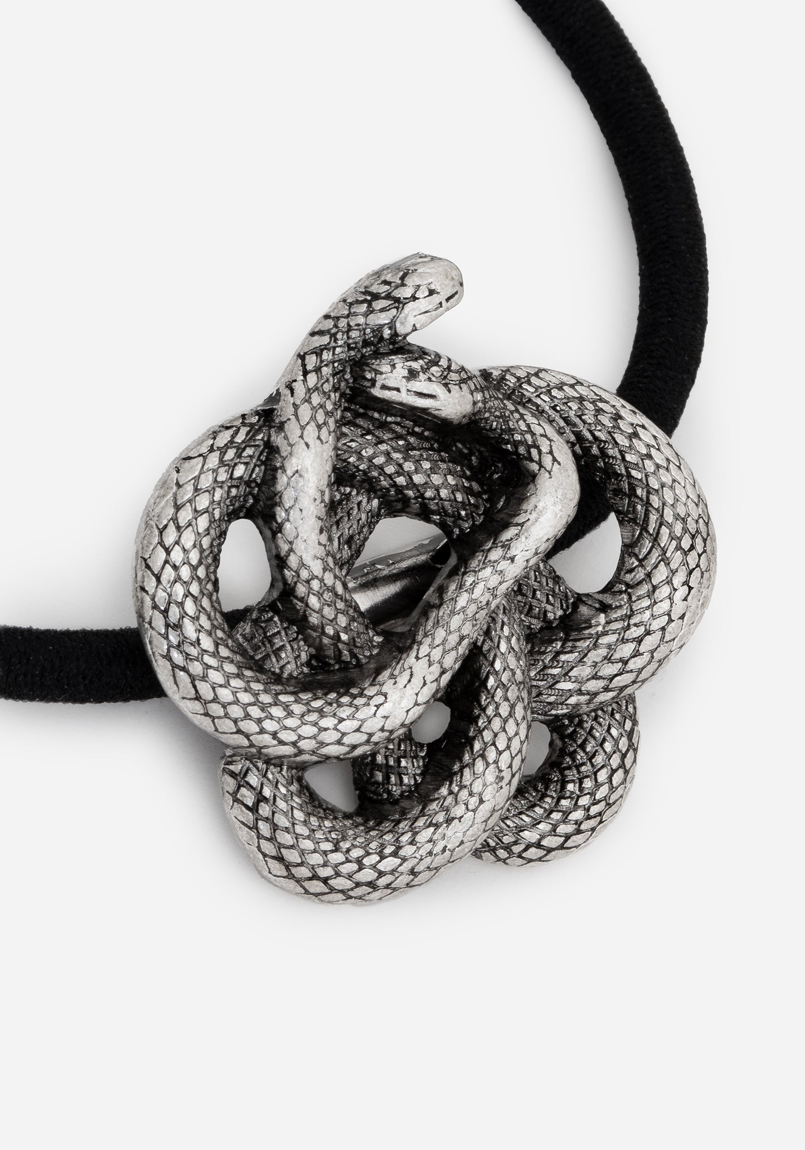 Silver Snake Charm Hair Tie with Black Elastic Band | Silas Twisted Snake