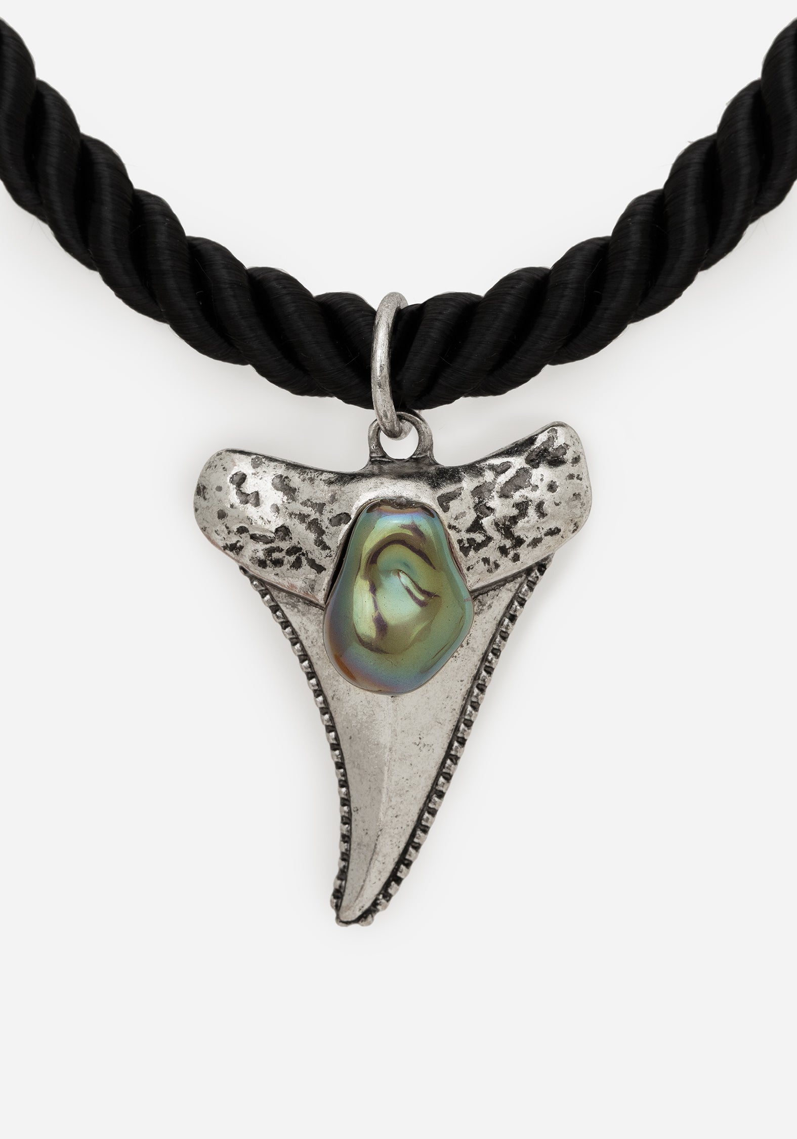 Silver Shark Tooth Necklace with Adjustable Rope Chain | Black & Faux Gem