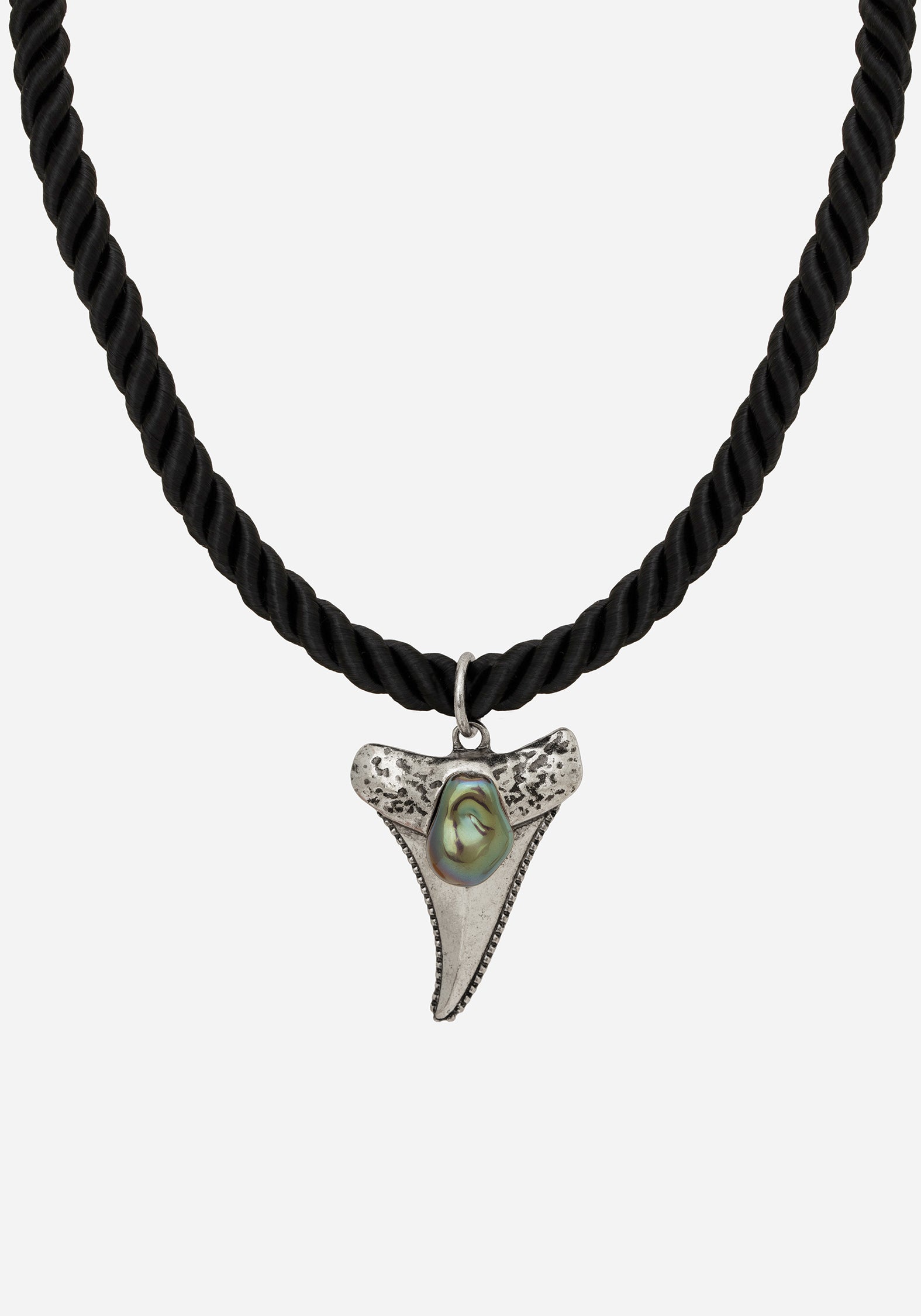 Silver Shark Tooth Necklace with Adjustable Rope Chain | Black & Faux Gem