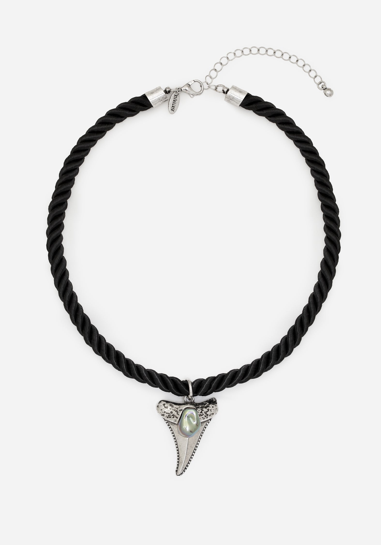 Silver Shark Tooth Necklace with Adjustable Rope Chain | Black & Faux Gem