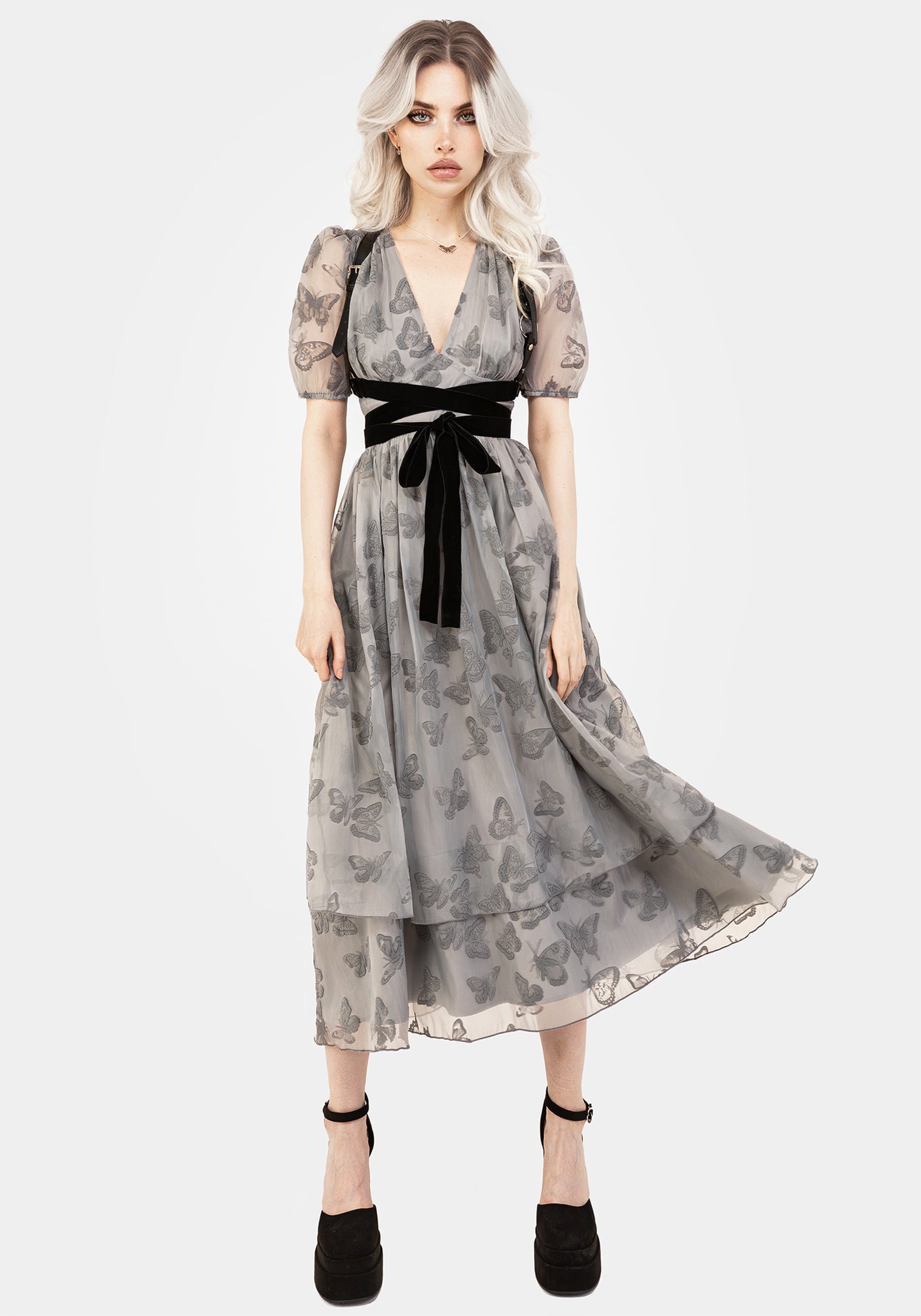 Butterfly Print Puff Sleeve Dress with Sweetheart Neckline | Vanessa