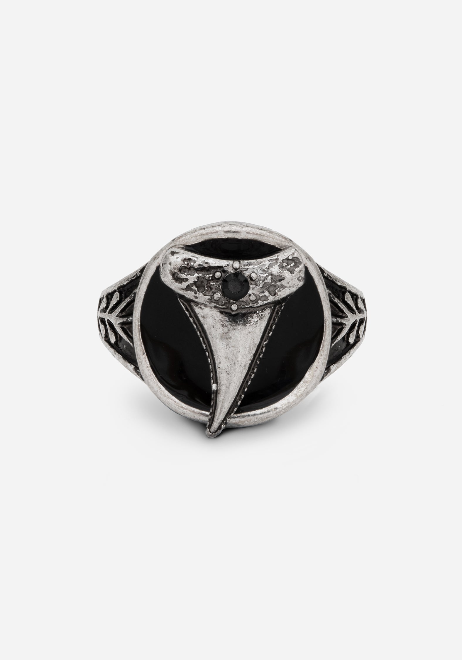 Silver Shark Tooth Ring with Faux Black Pearl & Botanical Detailing | S/M 17mm, M/L 19mm