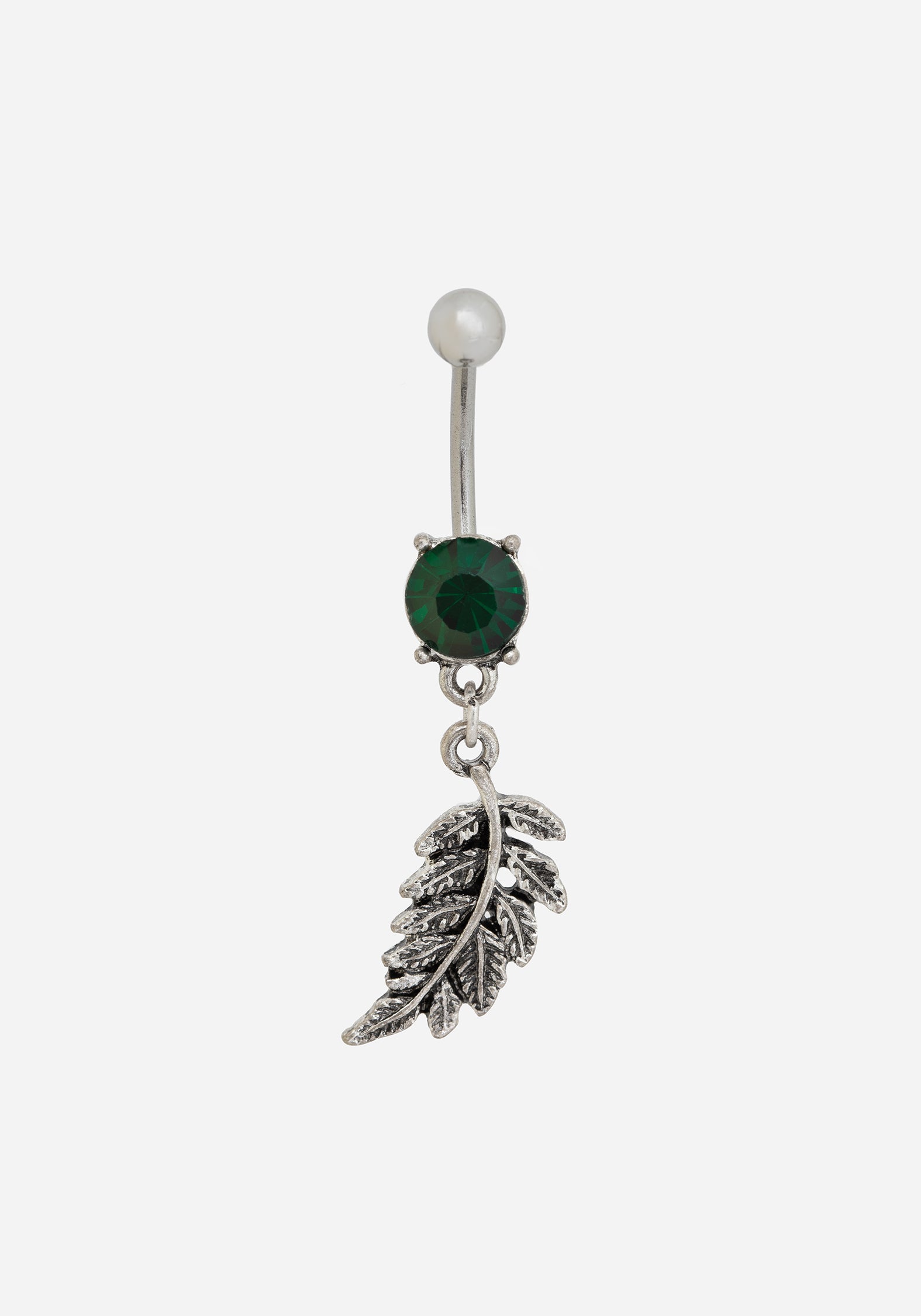 Silver Fern Leaf Belly Bar with Green Stone Charm | Nightbird