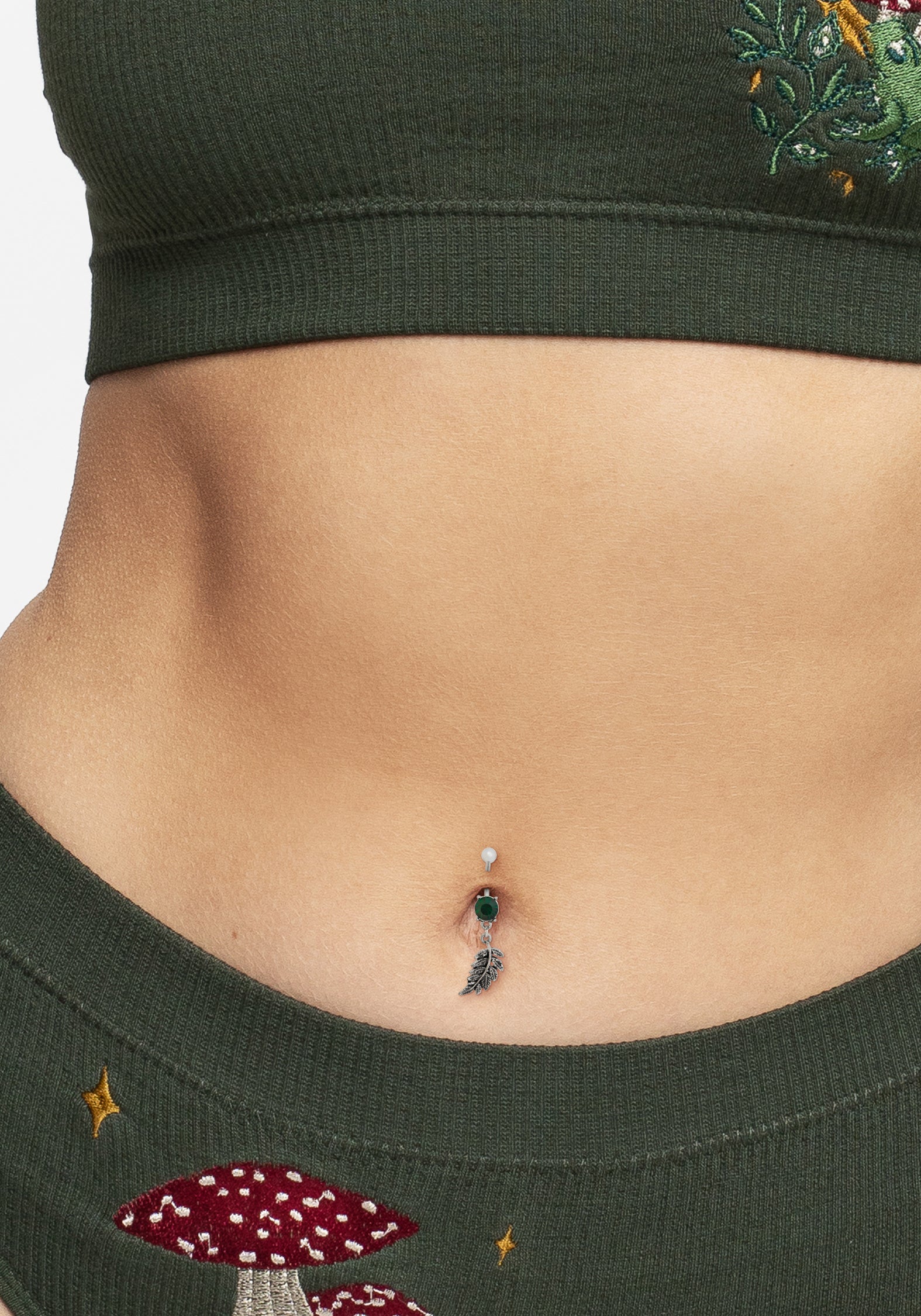 Silver Fern Leaf Belly Bar with Green Stone Charm | Nightbird