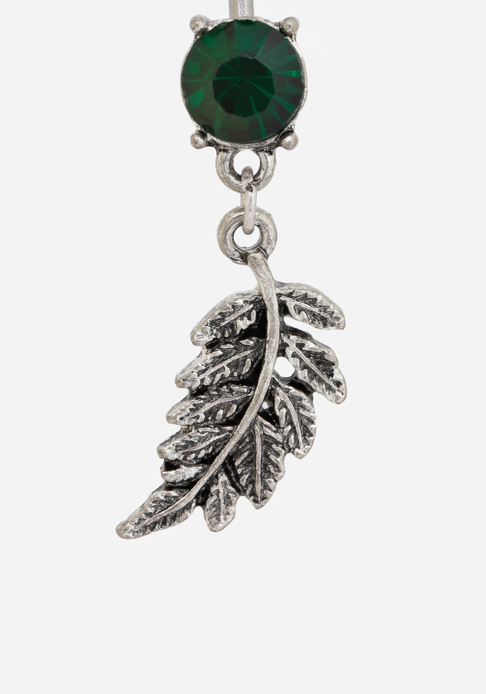 Silver Fern Leaf Belly Bar with Green Stone Charm | Nightbird