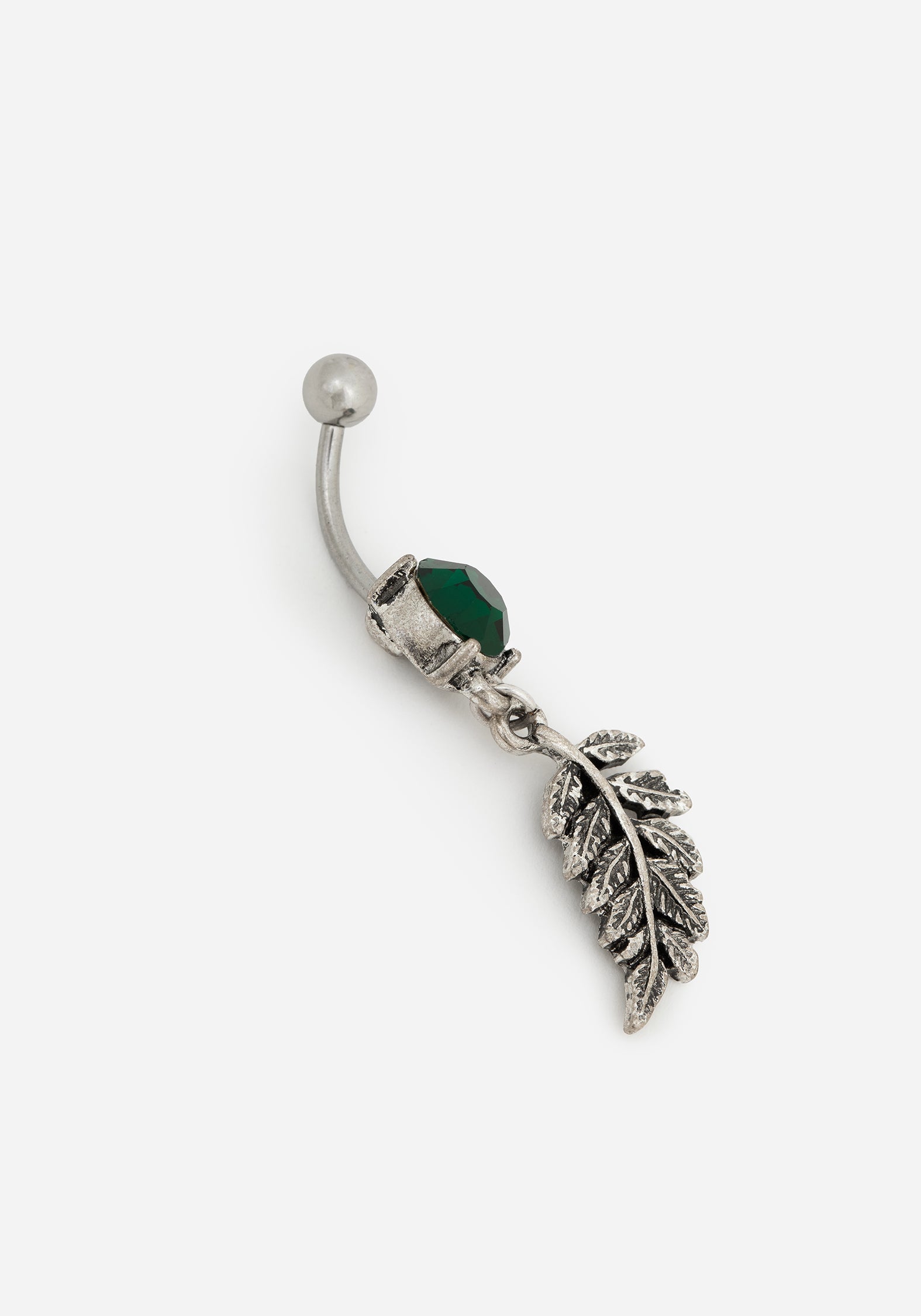 Silver Fern Leaf Belly Bar with Green Stone Charm | Nightbird