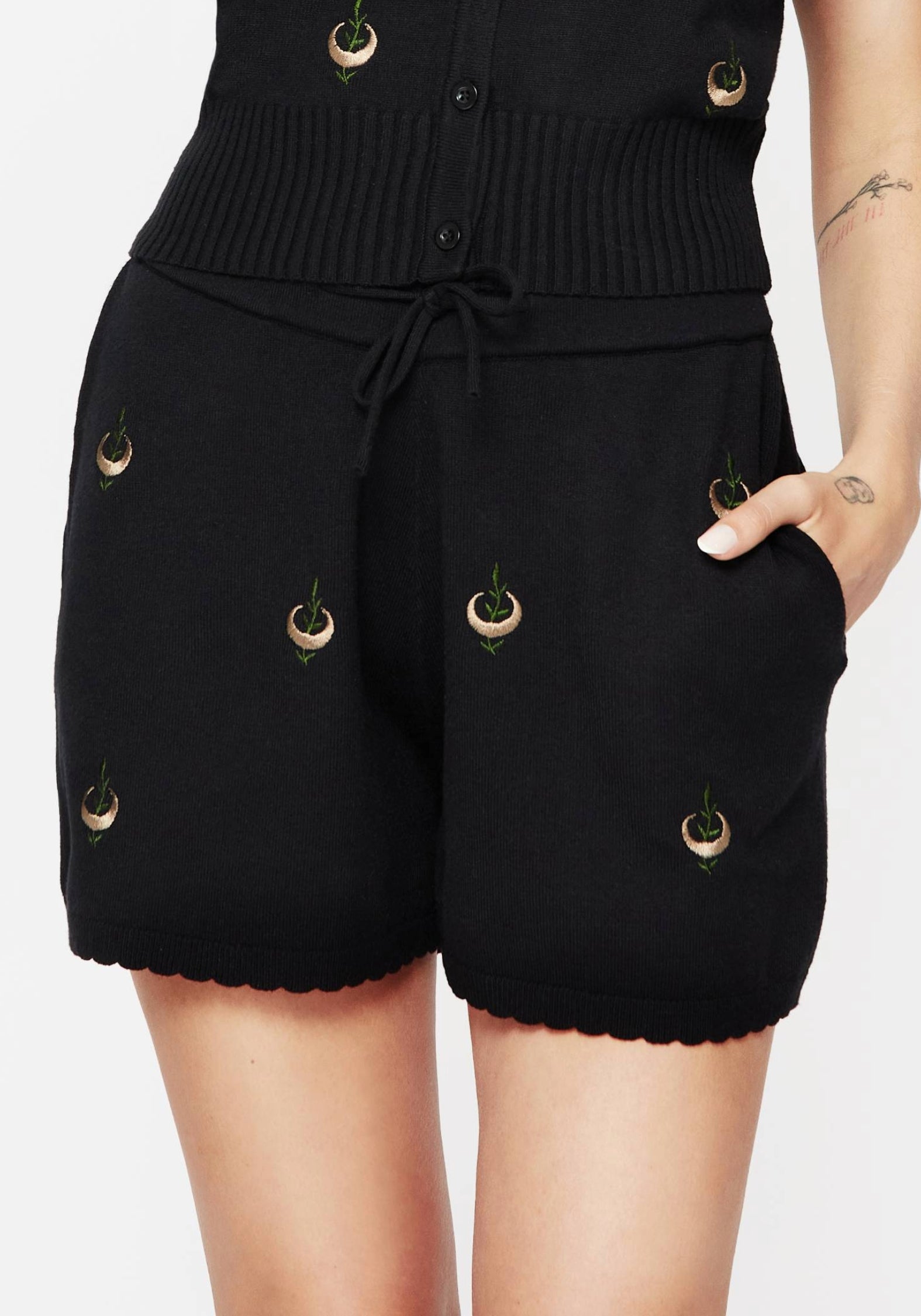Embroidered Knit Shorts with Scalloped Waistband & Pockets | Liana Moon