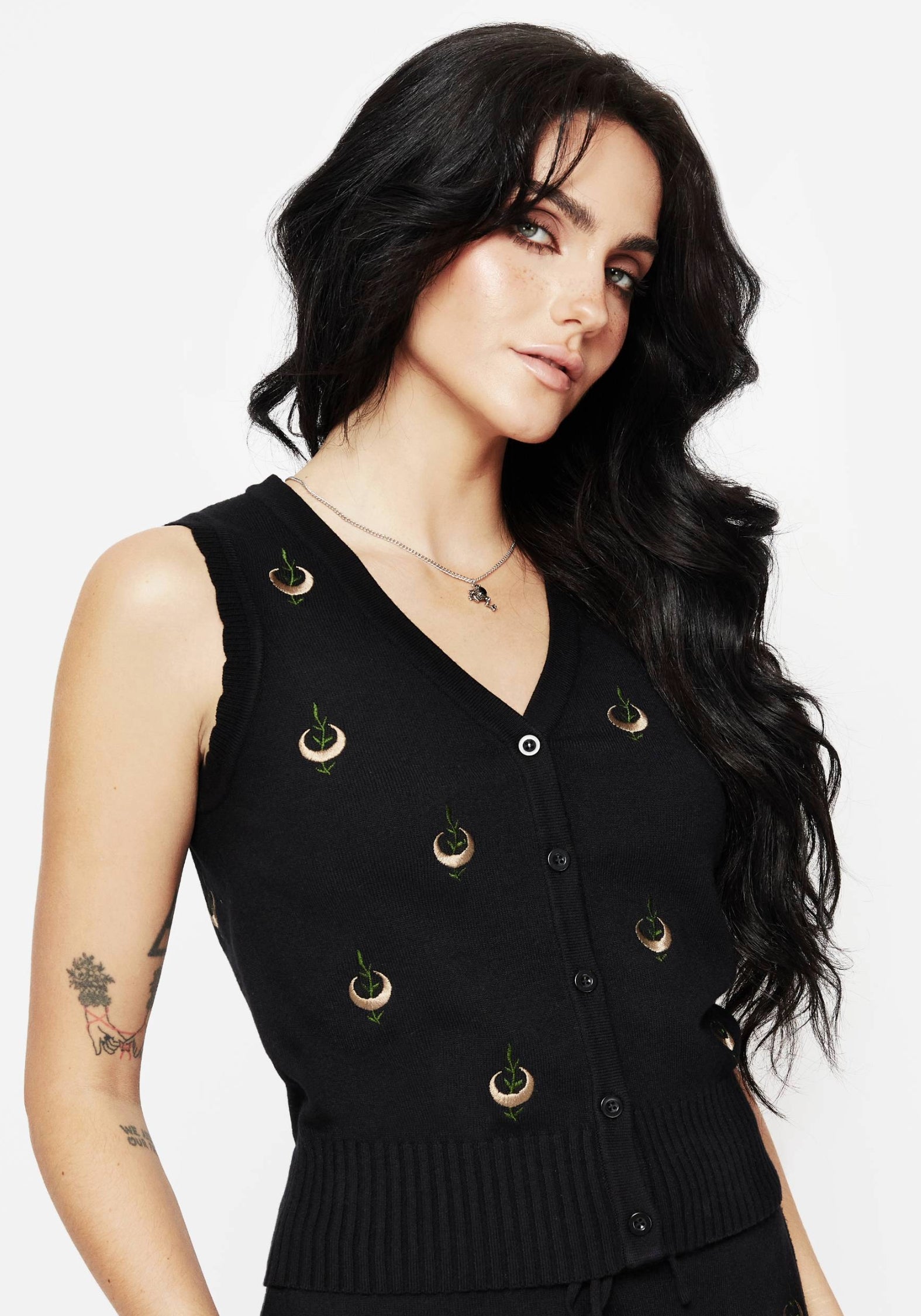 Moon & Leaf Embroidered Knit Vest | Liana Button Up Sleeveless
