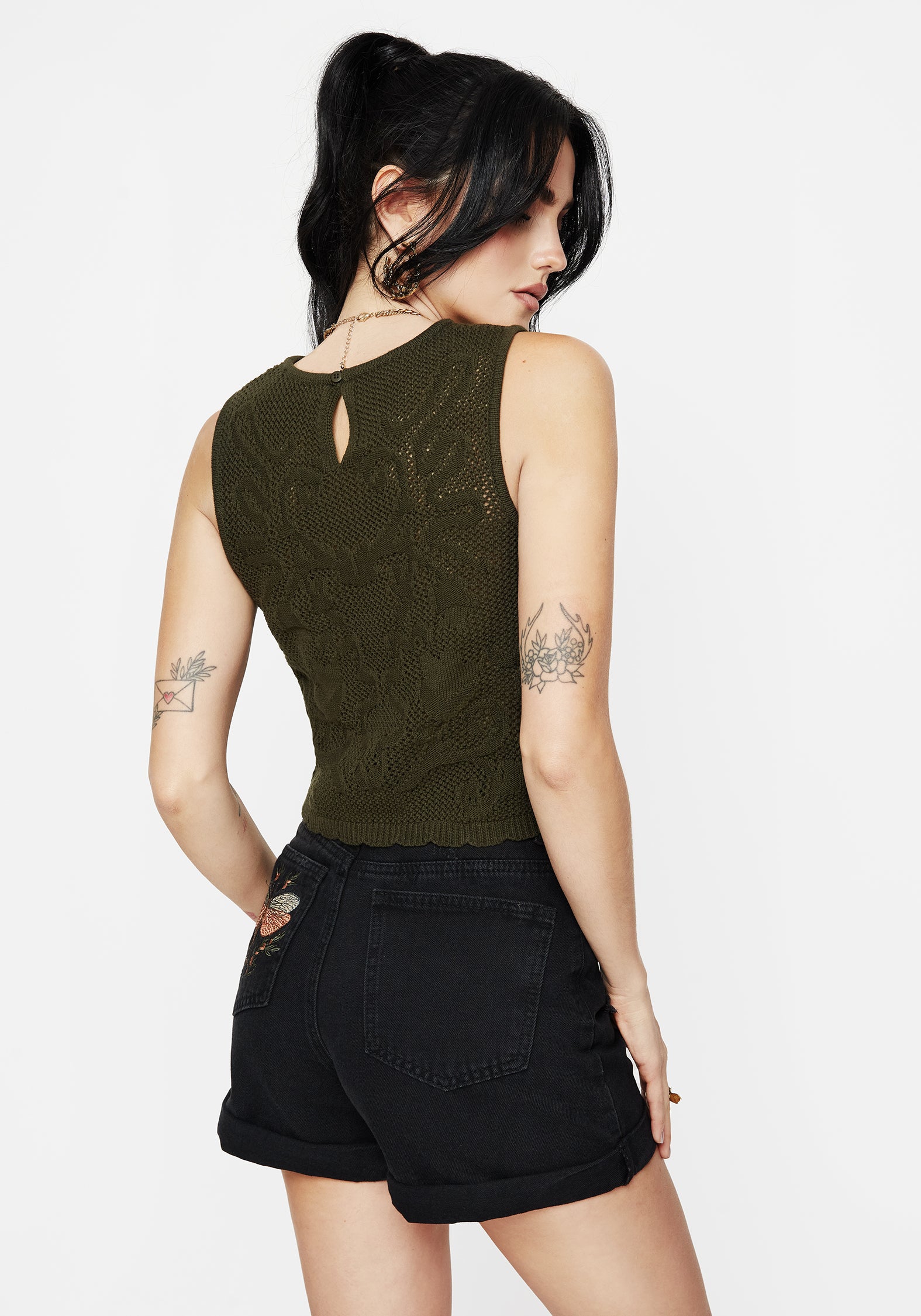 Green Jacquard Knit Crop Top | Sleeveless & Scalloped Hem