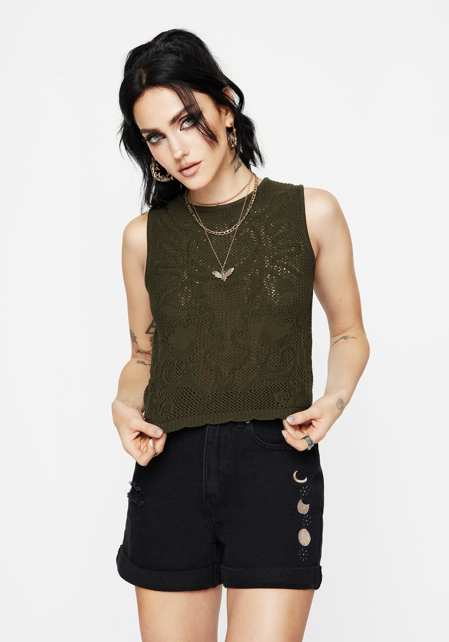 Green Jacquard Knit Crop Top | Sleeveless & Scalloped Hem