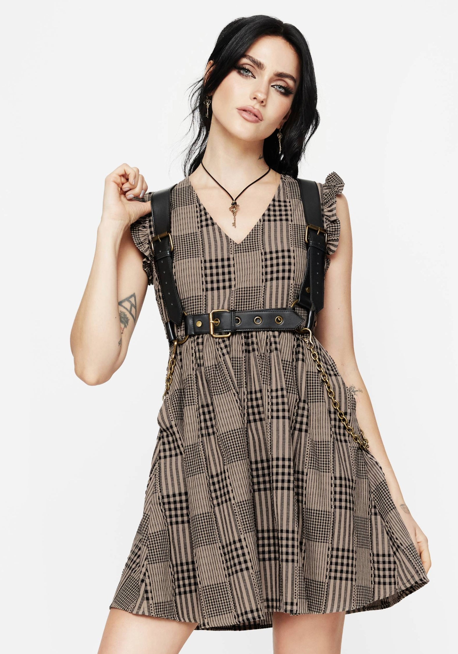 Brown Check Mini Skater Dress with Pockets | V-Neck & Sleeveless
