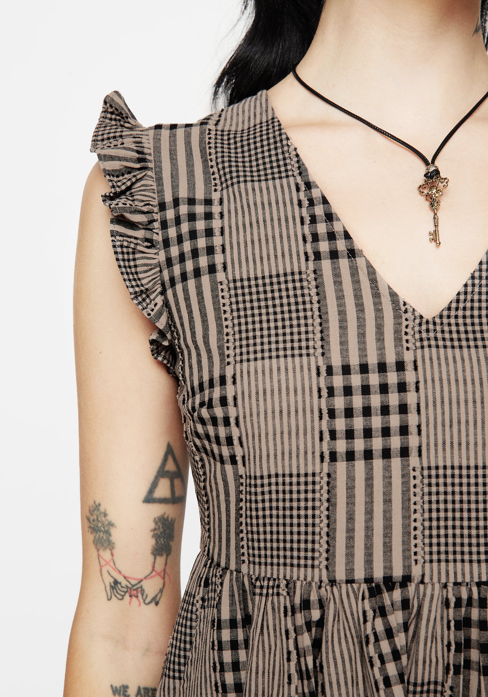 Brown Check Mini Skater Dress with Pockets | V-Neck & Sleeveless