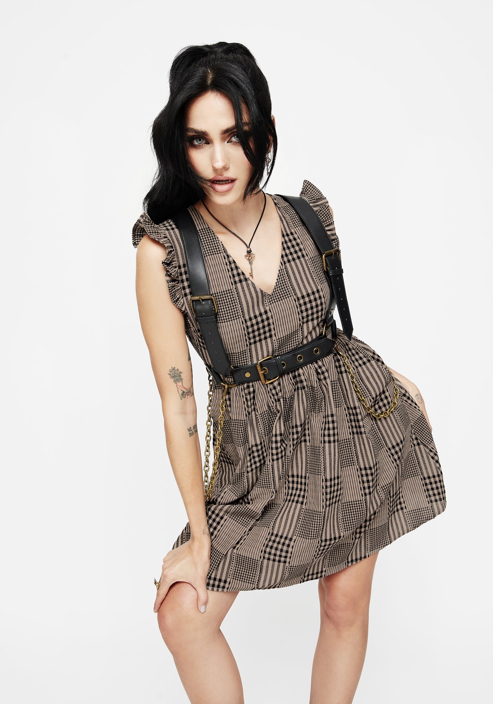 Brown Check Mini Skater Dress with Pockets | V-Neck & Sleeveless