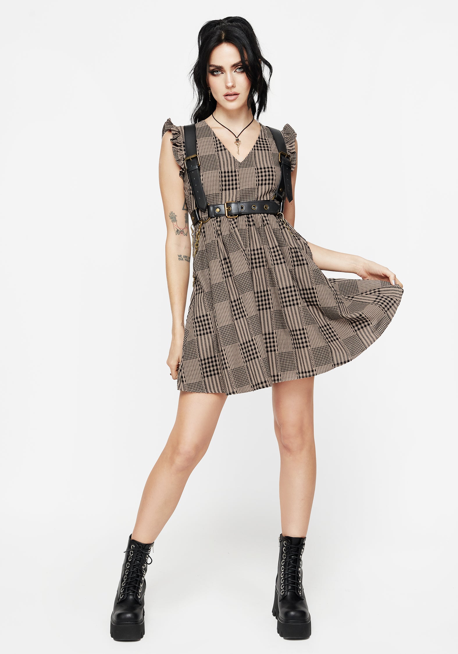 Brown Check Mini Skater Dress with Pockets | V-Neck & Sleeveless