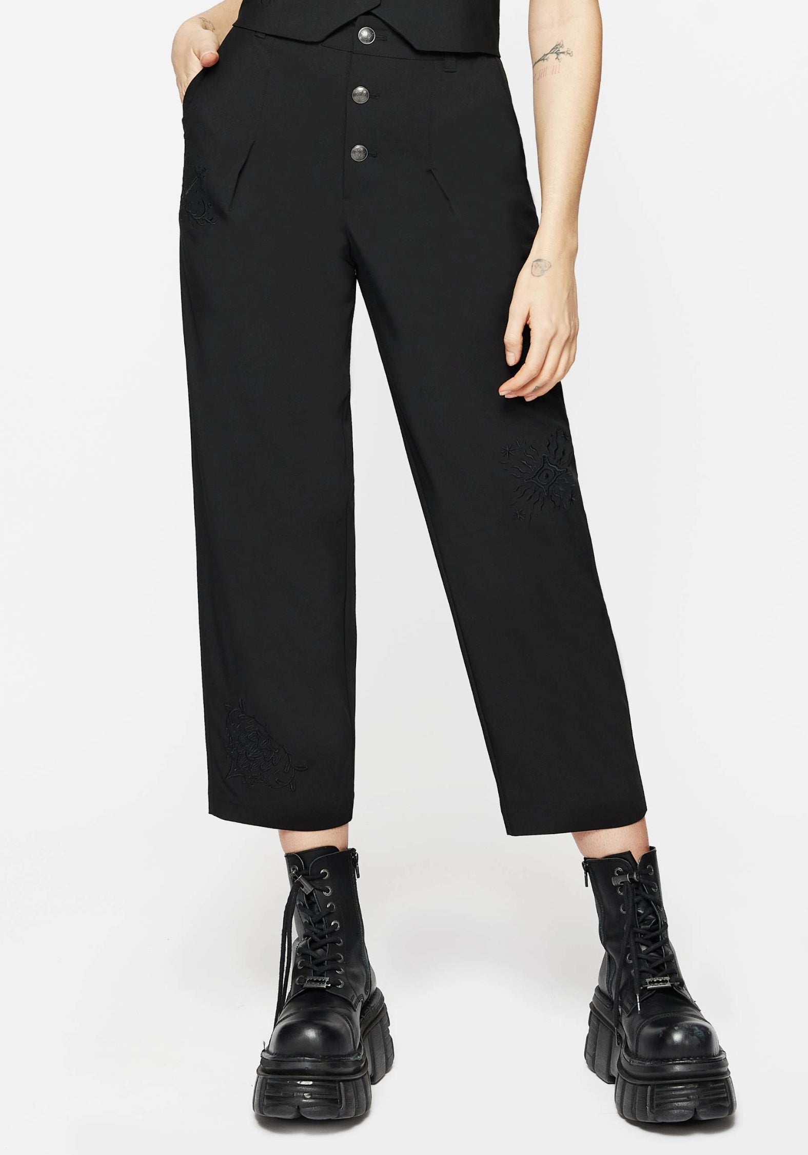 Black Embroidered Tailored Trousers with Functional Pockets | Moonbow
