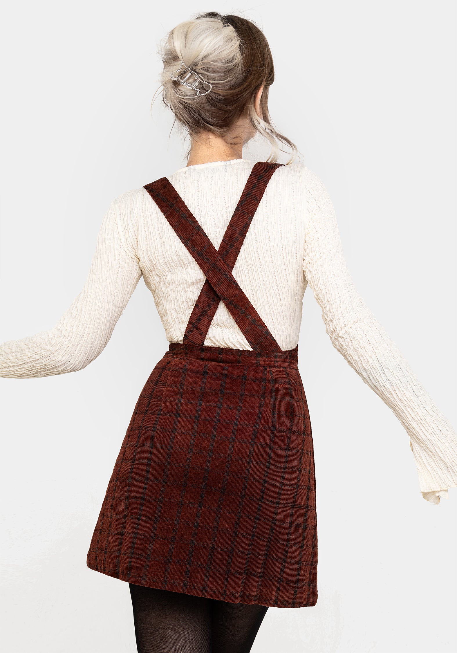 Orange Checked Cord Mini Pinafore Skirt with Suspenders & Pockets