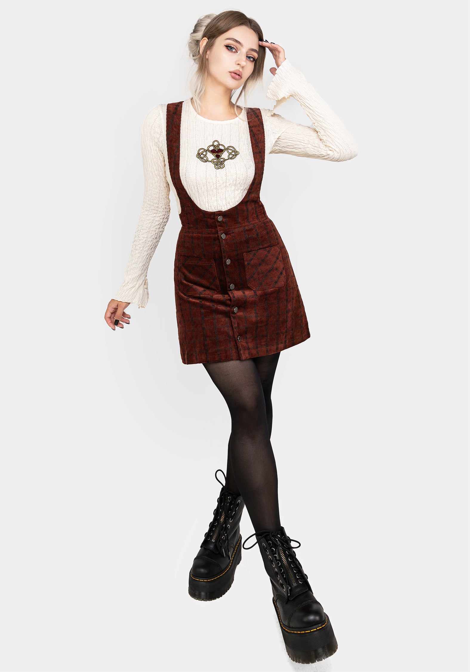 Orange Checked Cord Mini Pinafore Skirt with Suspenders & Pockets