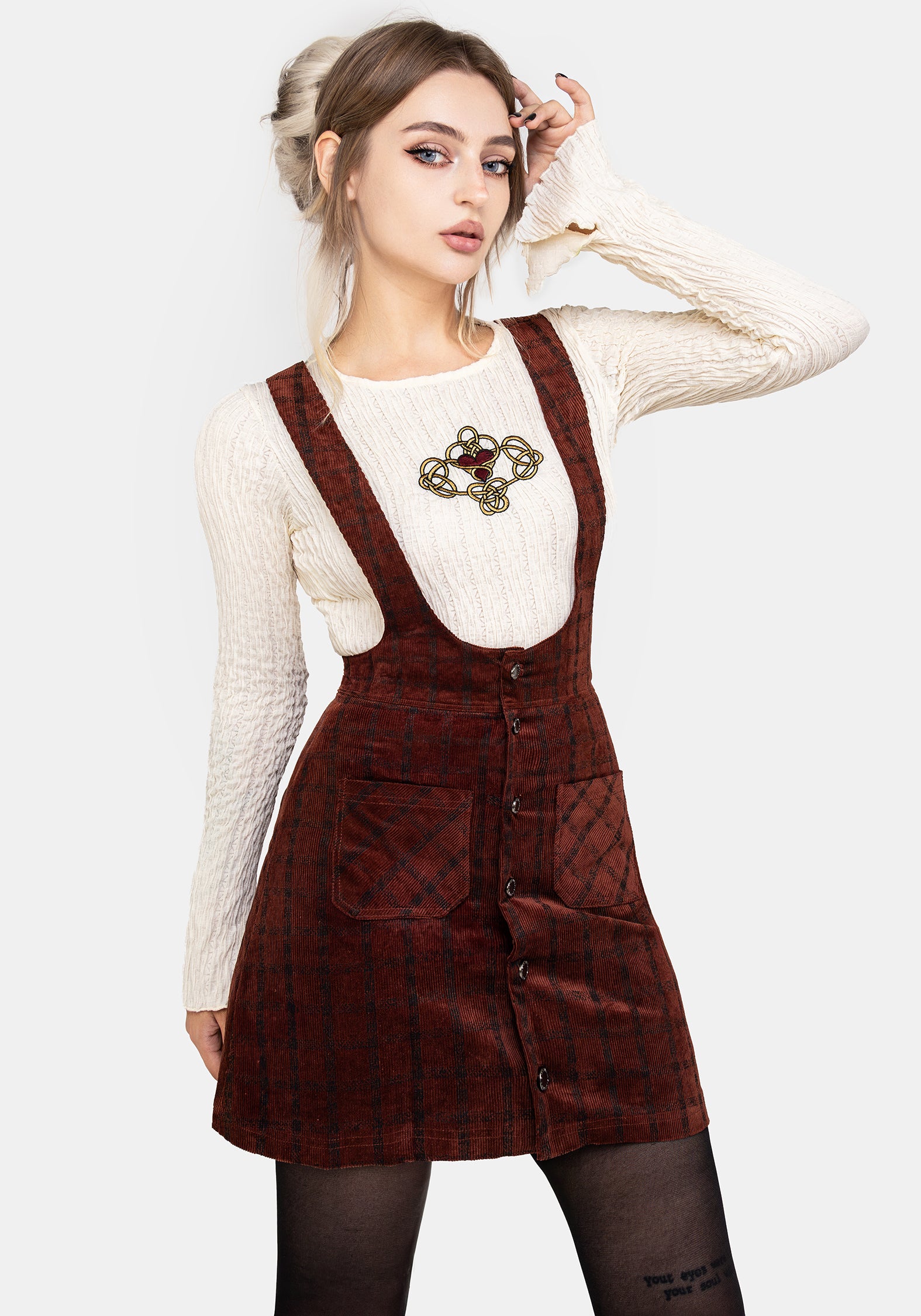 Orange Checked Cord Mini Pinafore Skirt with Suspenders & Pockets