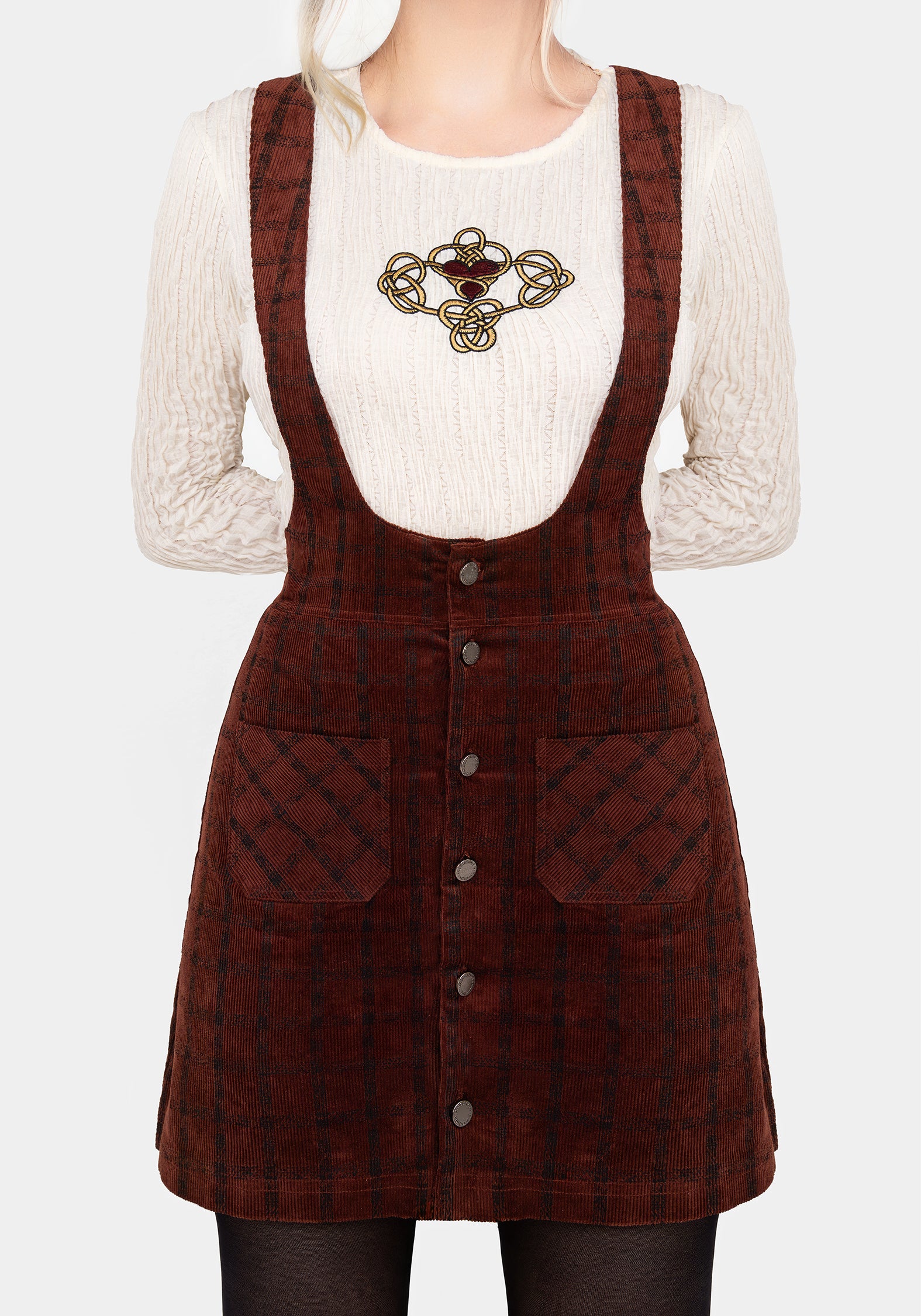 Orange Checked Cord Mini Pinafore Skirt with Suspenders & Pockets