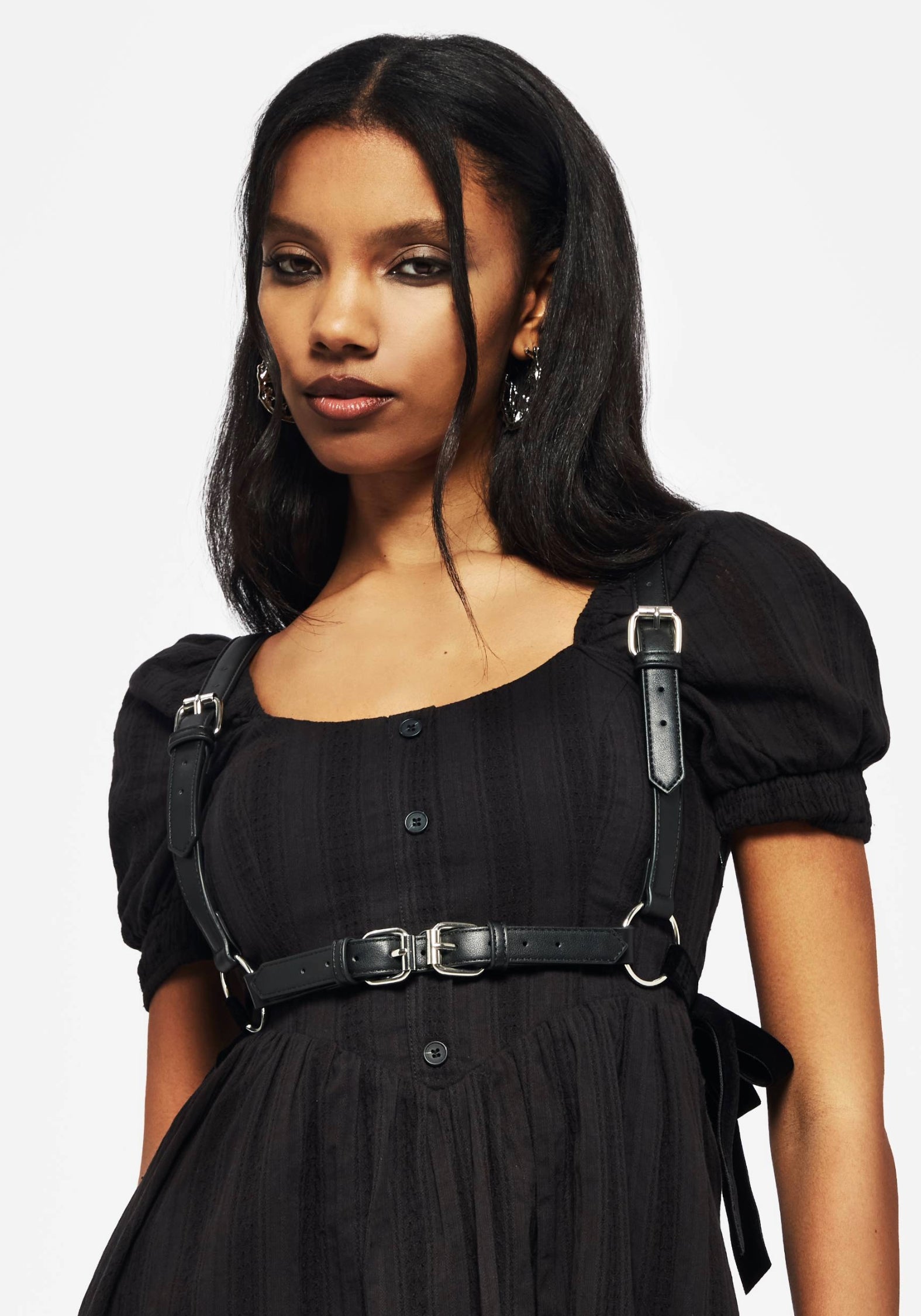 Faux Leather Side Tie Harness with Silver Hardware | Carmilla