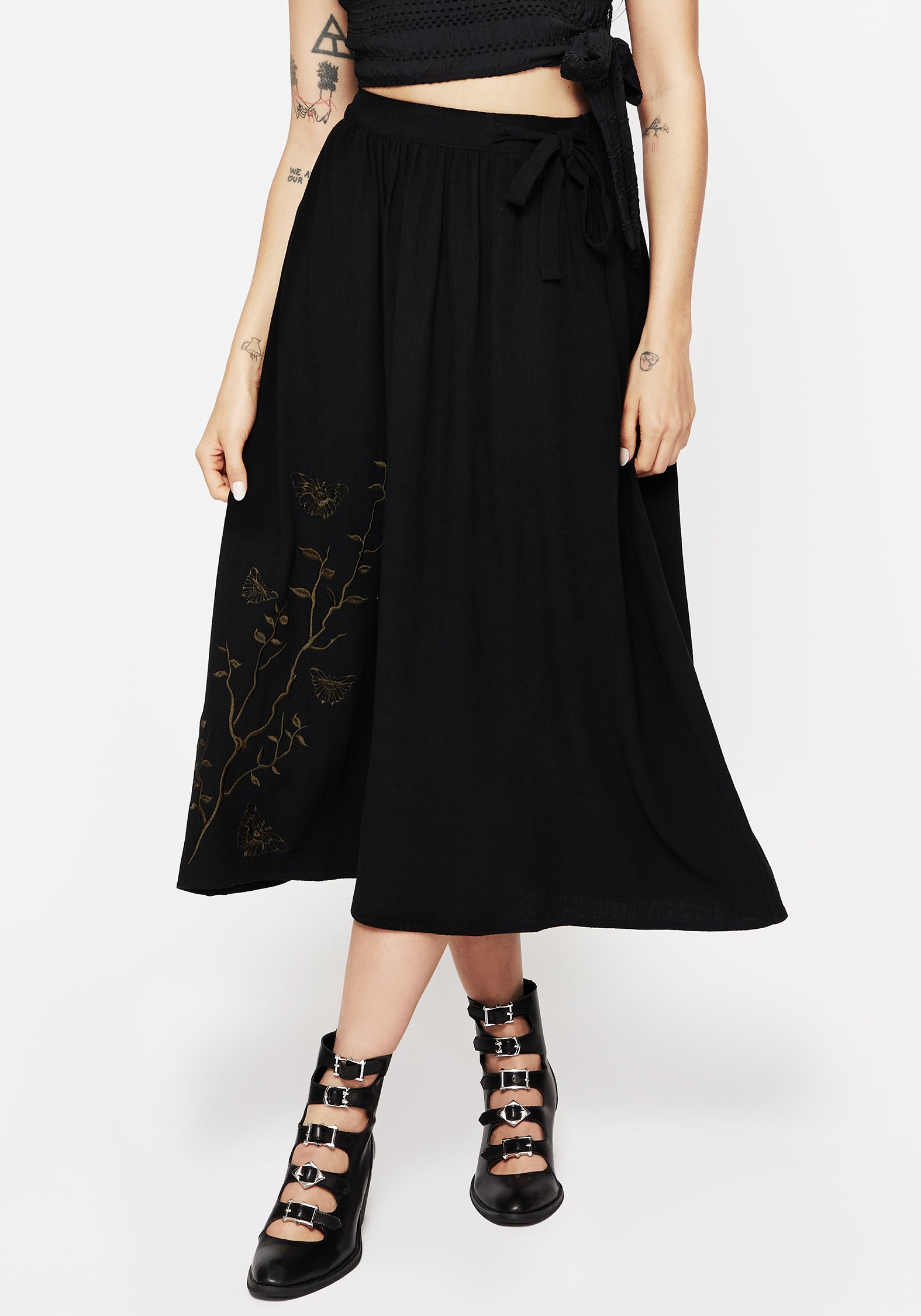 Black Moth Embroidered Midi Skirt with Waist Tie | Cressida