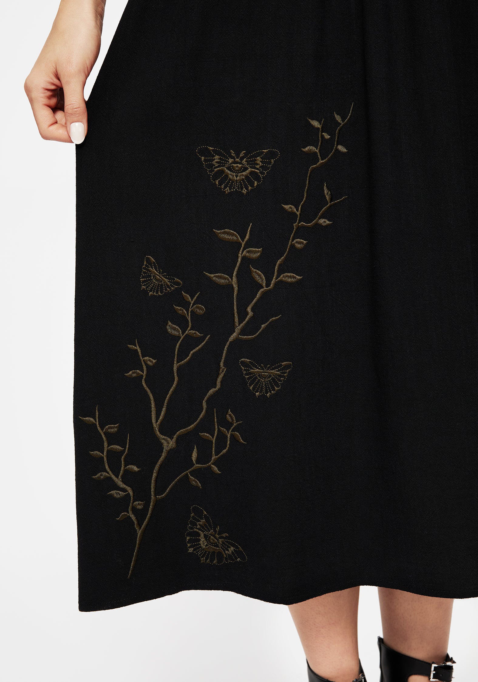 Black Moth Embroidered Midi Skirt with Waist Tie | Cressida