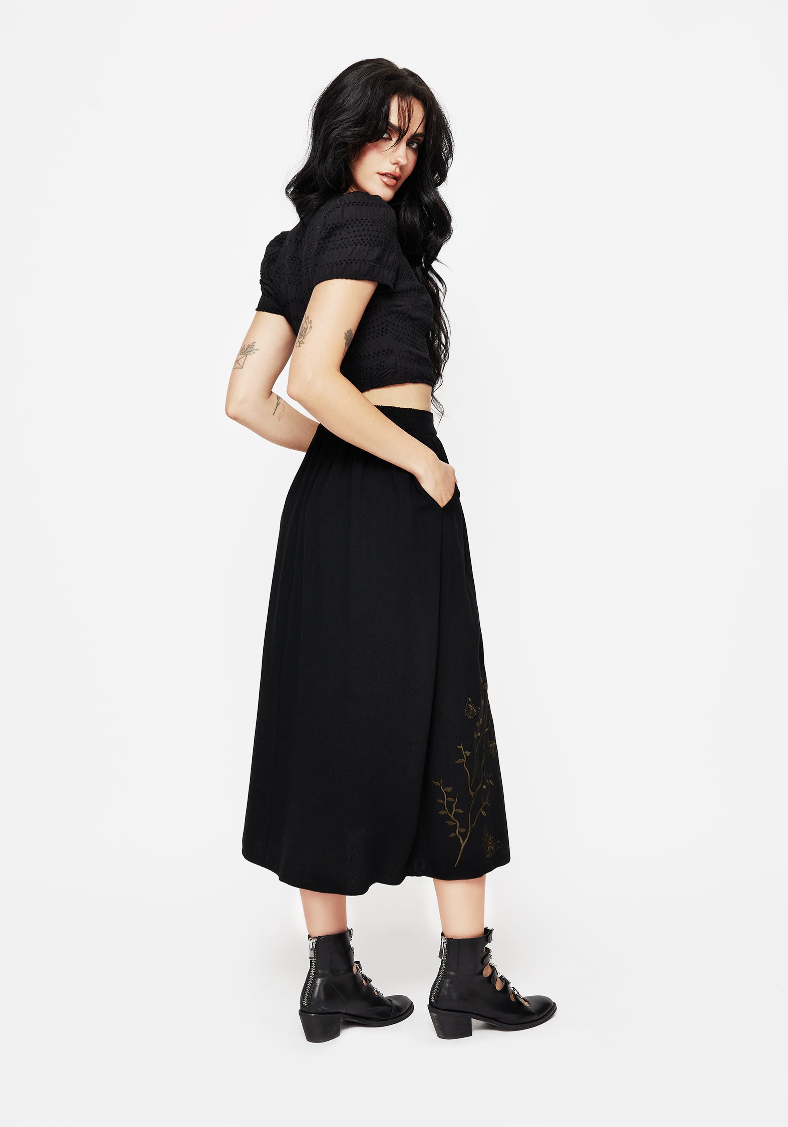 Black Moth Embroidered Midi Skirt with Waist Tie | Cressida