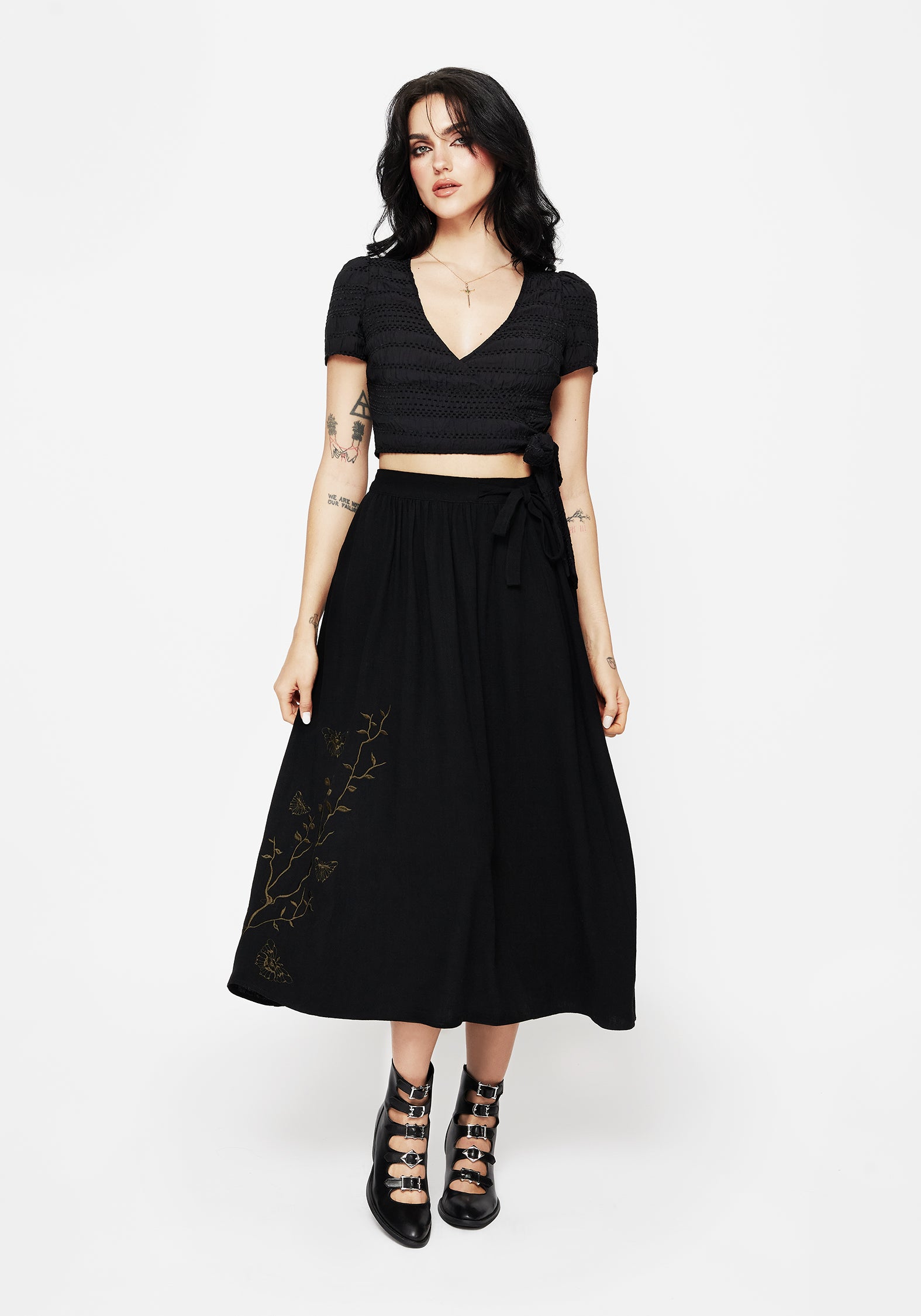Black Moth Embroidered Midi Skirt with Waist Tie | Cressida
