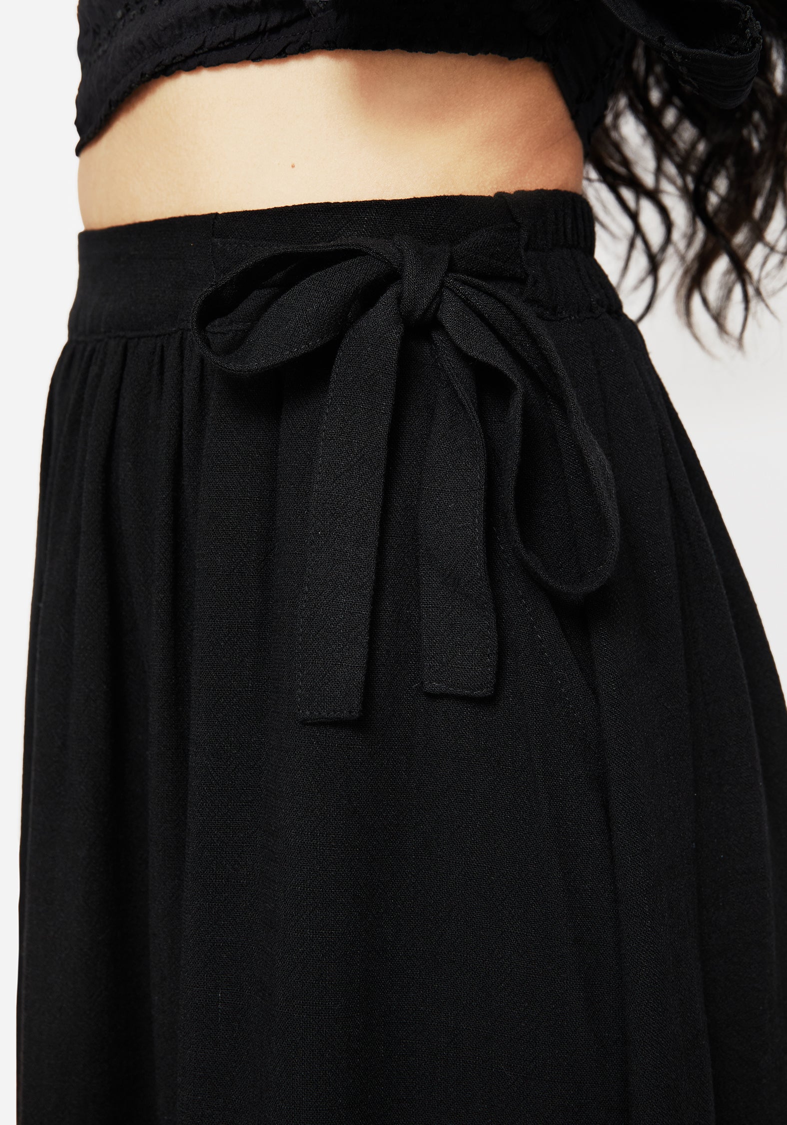 Black Moth Embroidered Midi Skirt with Waist Tie | Cressida