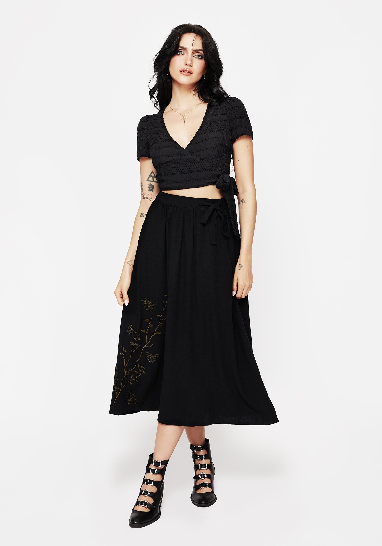 Black Moth Embroidered Midi Skirt with Waist Tie | Cressida