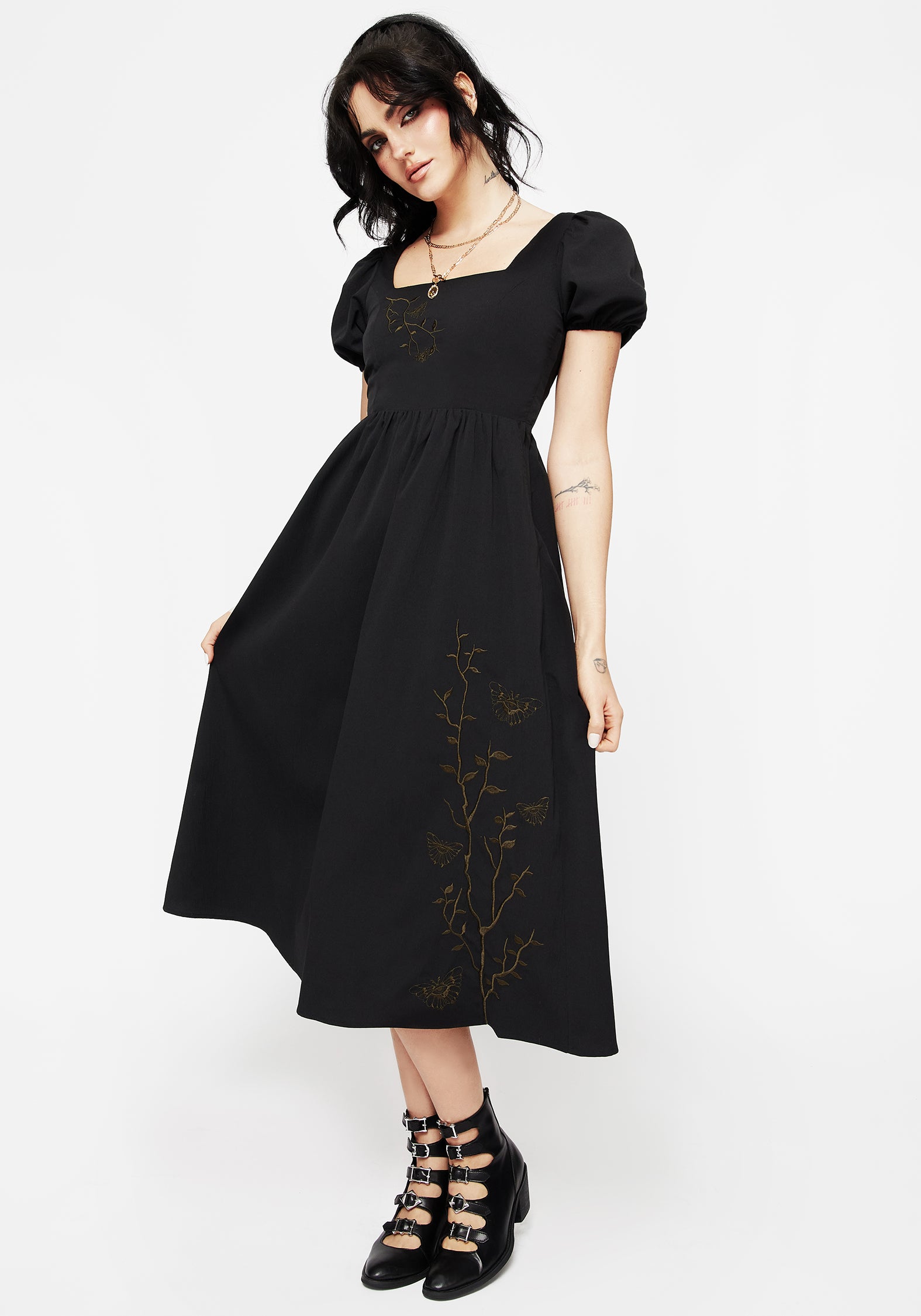Black Moth Embroidered Midi Dress with Puff Sleeves & Pockets | Cressida