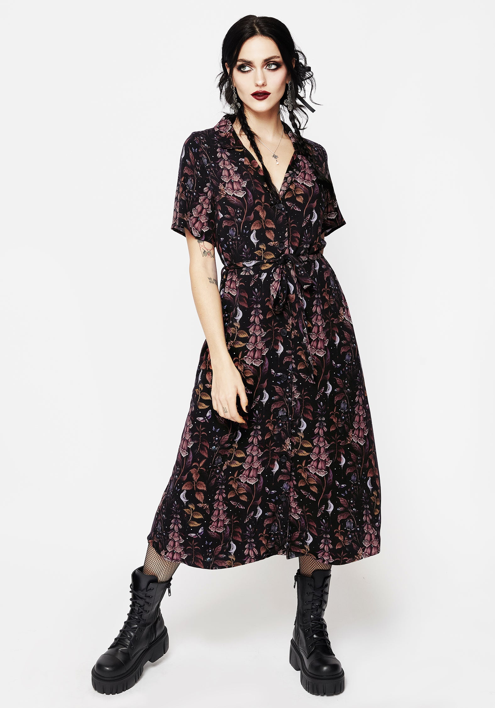 Black Floral Midi Shirt Dress with Belt | Foxglove