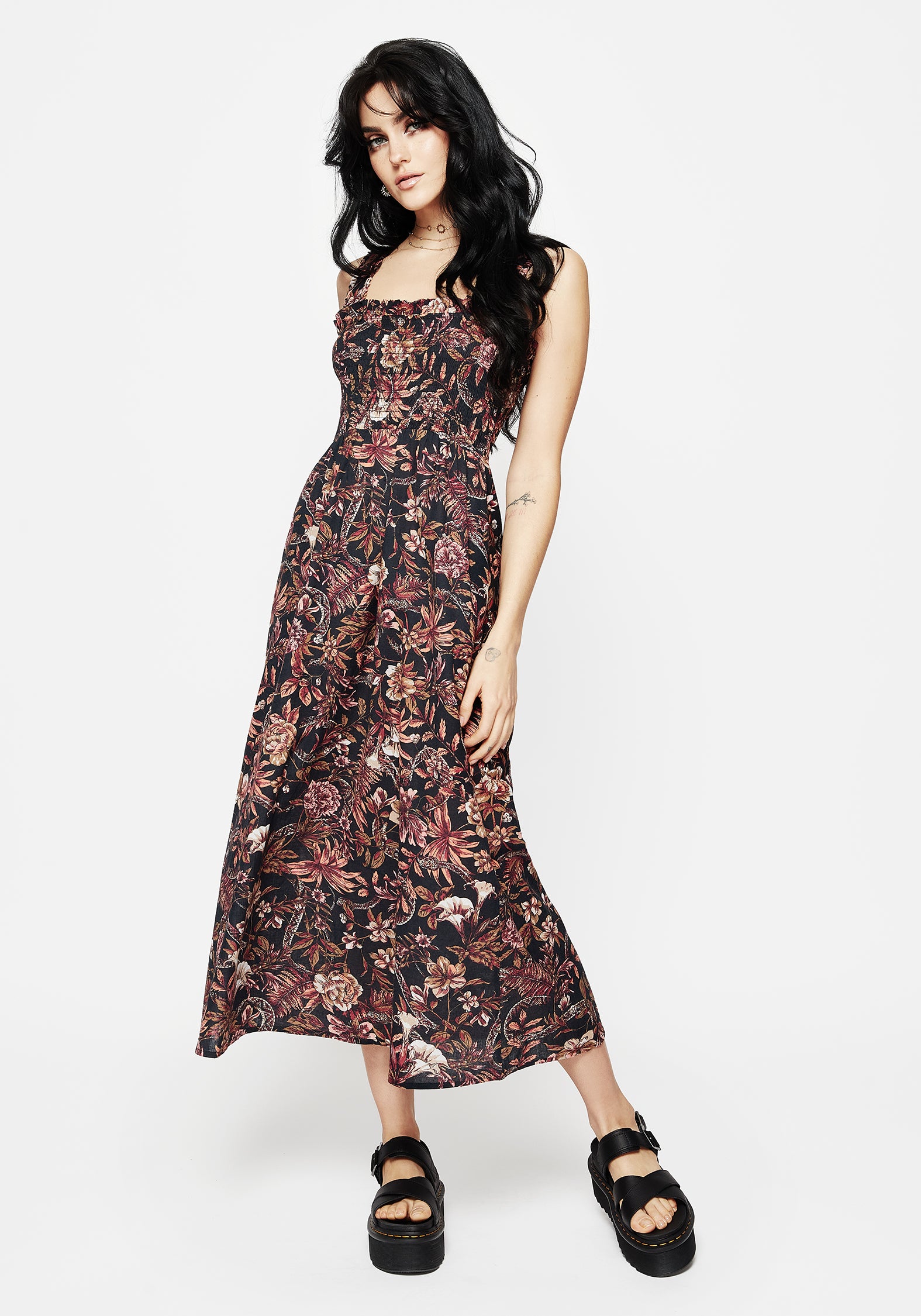 Floral Snake Print Cotton Midaxi Dress | Bashe