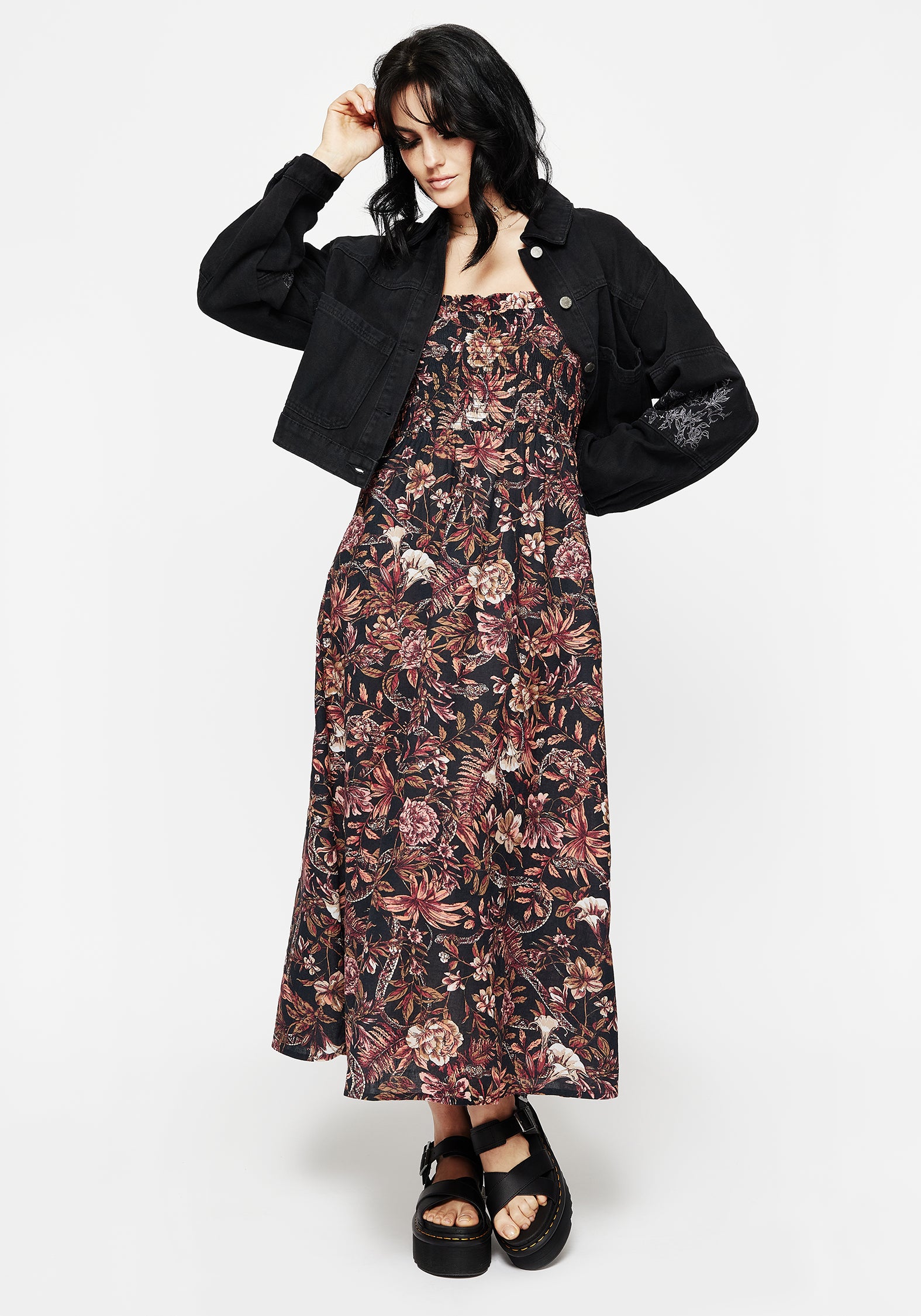 Floral Snake Print Cotton Midaxi Dress | Bashe
