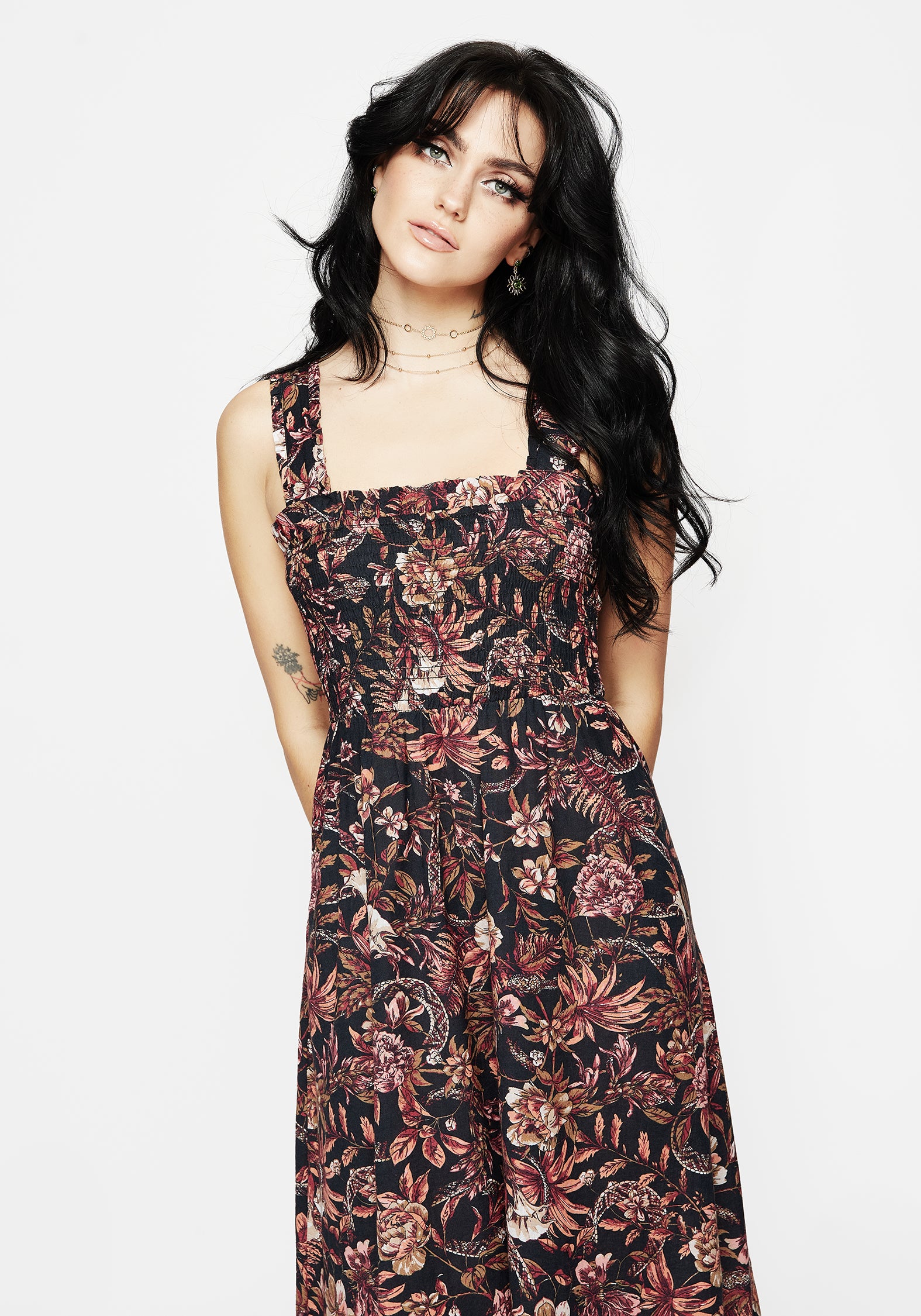 Floral Snake Print Cotton Midaxi Dress | Bashe