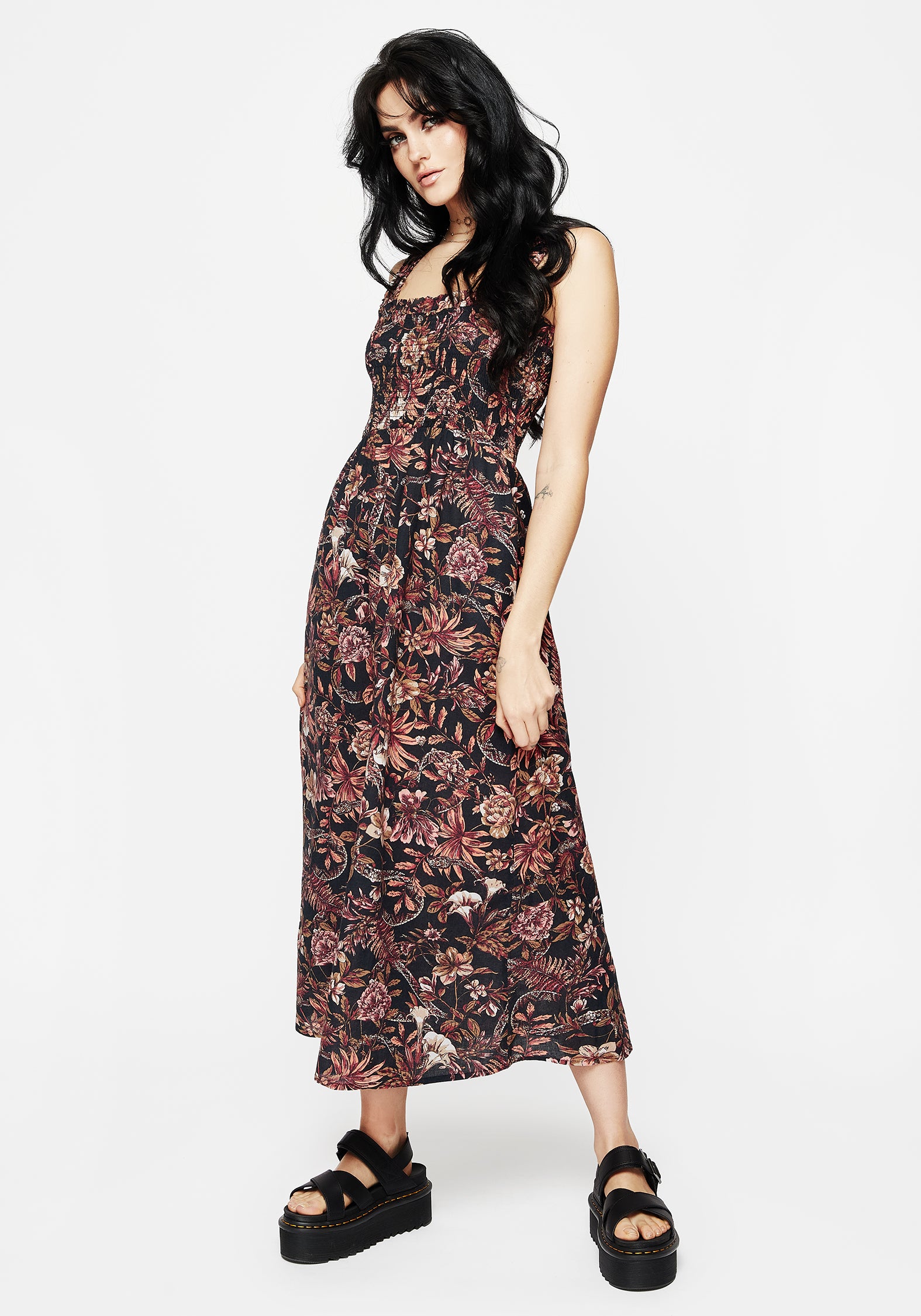 Floral Snake Print Cotton Midaxi Dress | Bashe