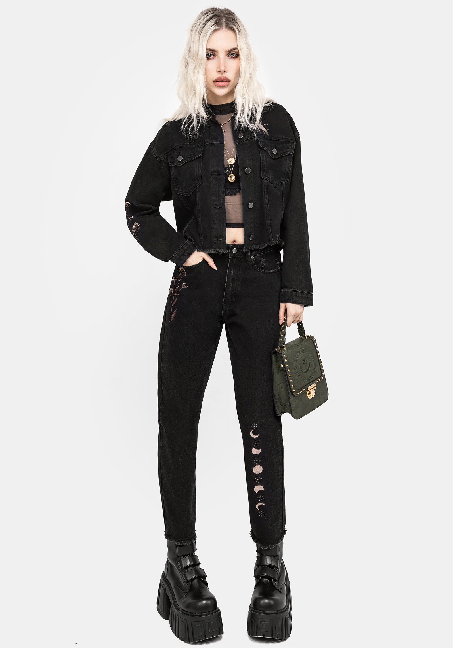 Distressed Denim Mom Jeans with Floral Embroidery | Griffinfly