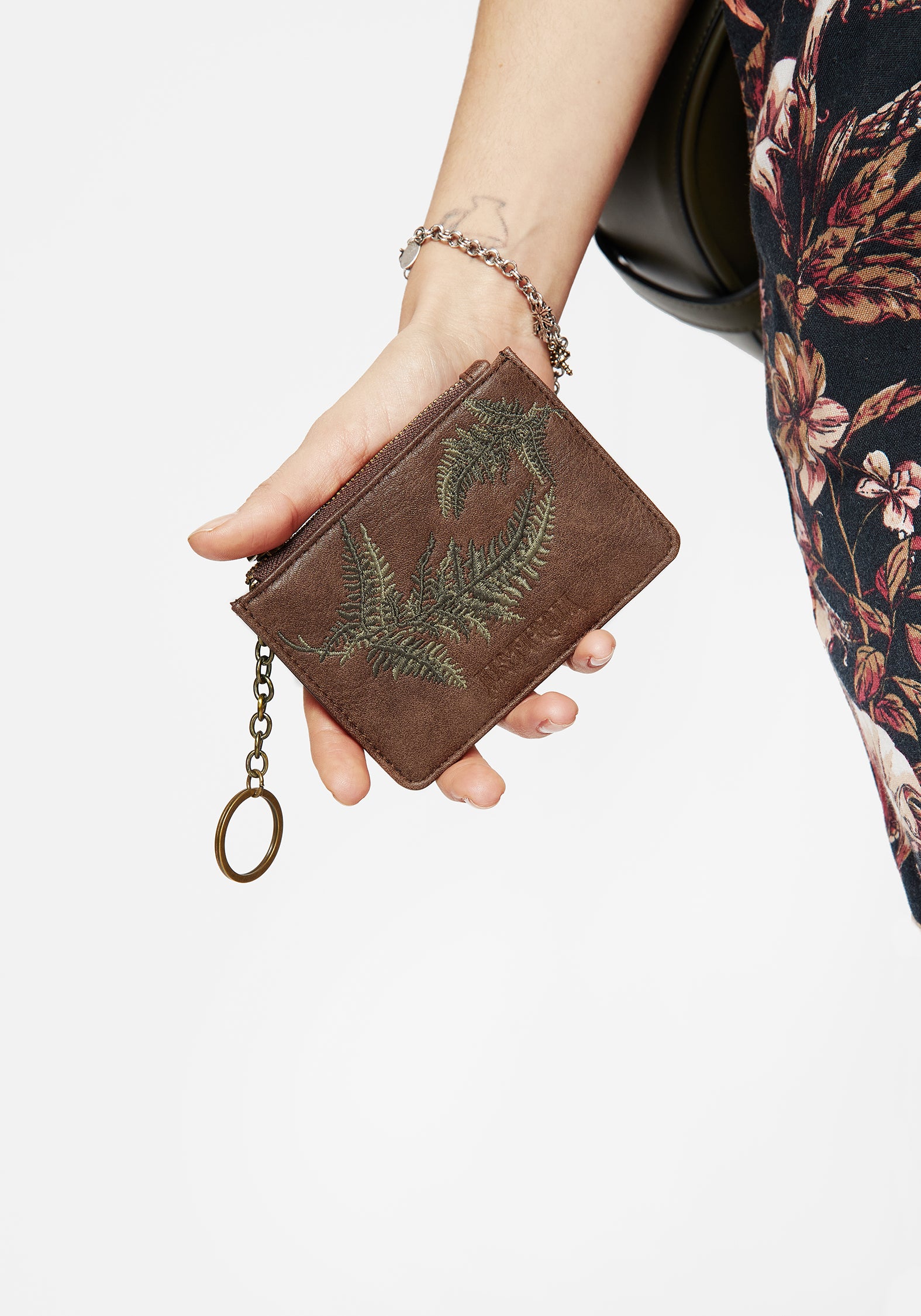 Fern Print Card Holder with Zip Fastening & O-Ring | Brown & Green