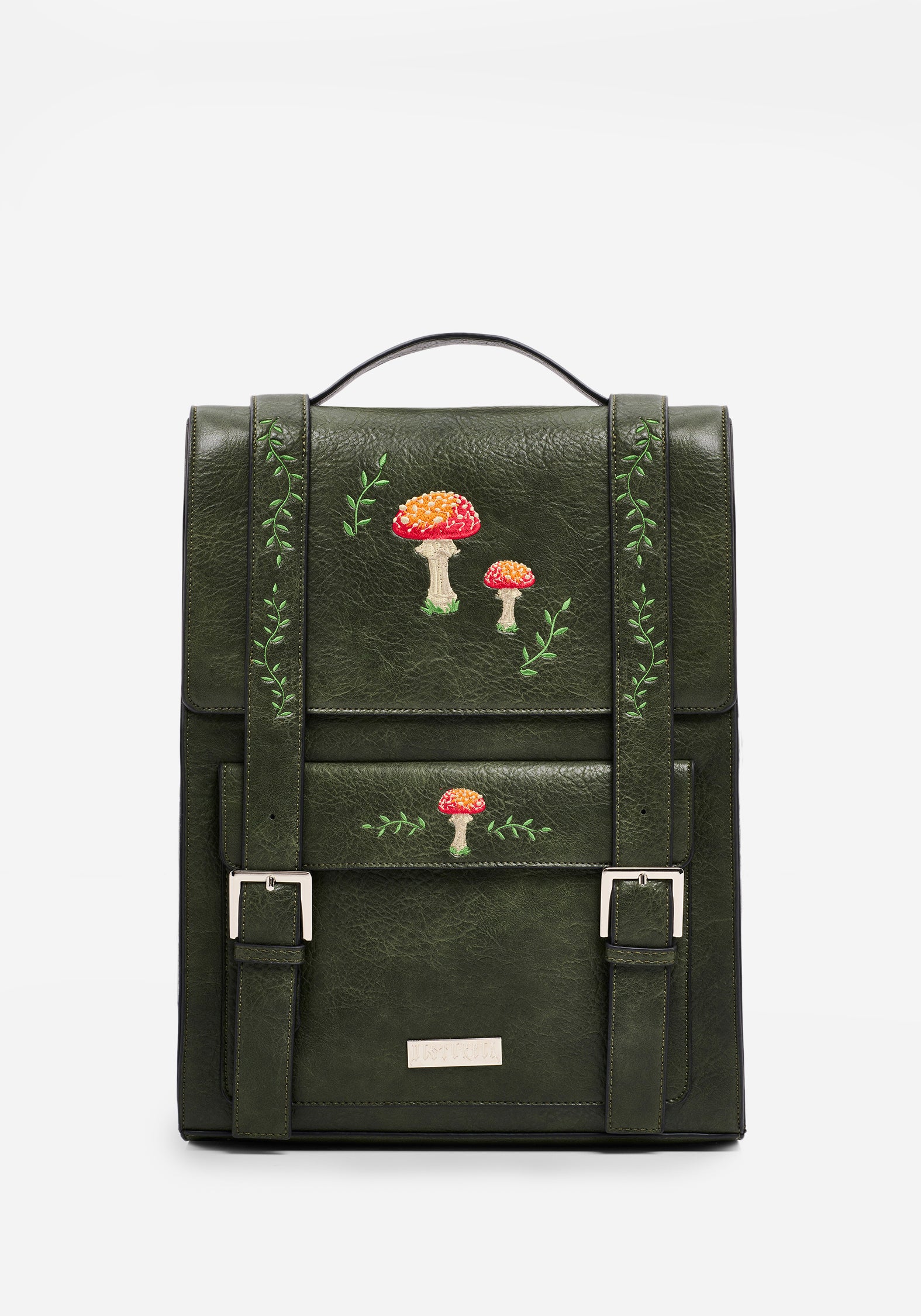 Juniper Green Faux Leather Satchel with Mushroom Embroidery | Fable