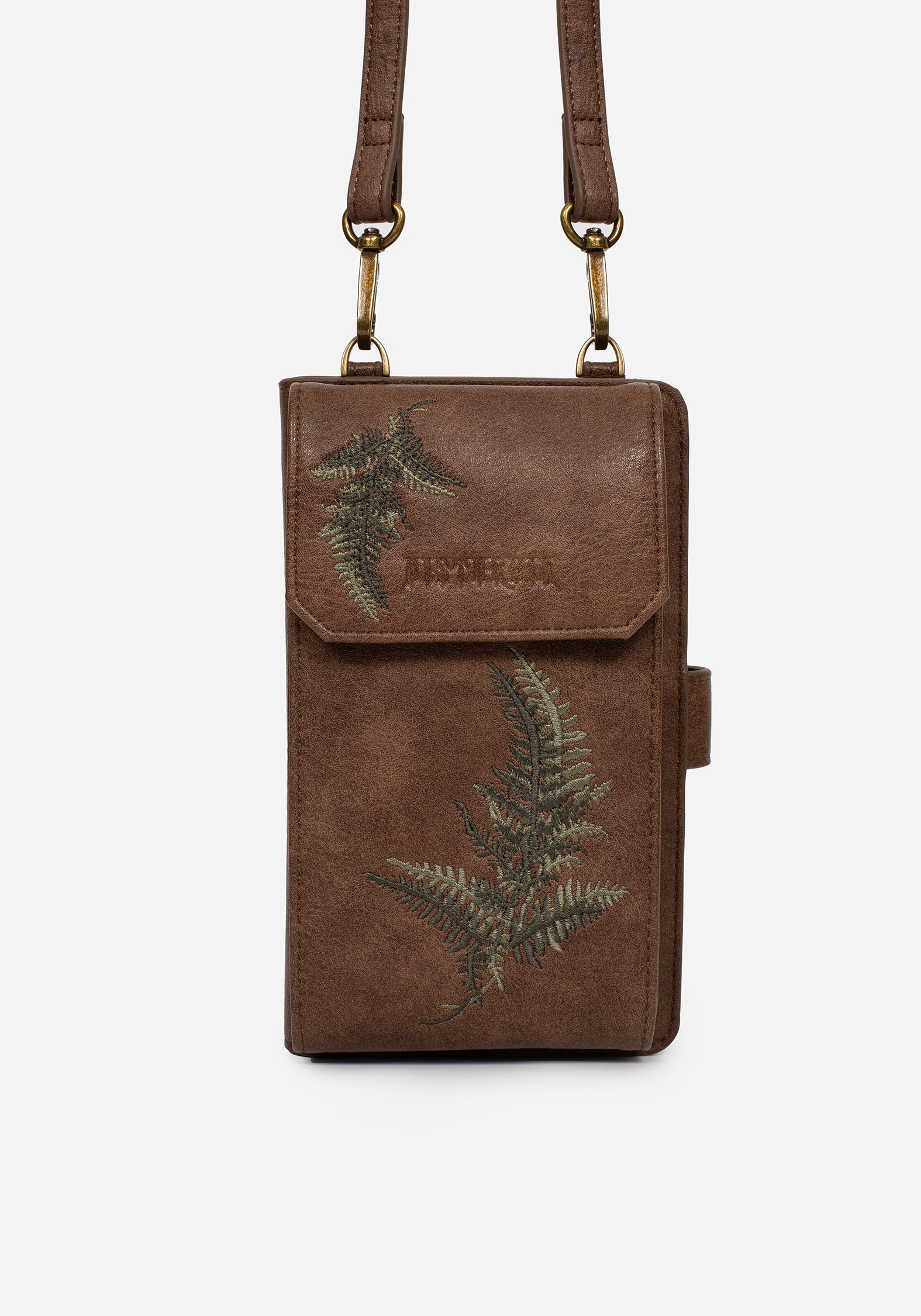 Fern Embroidered Crossbody Phone Bag with Adjustable Strap | Brown PU Leather