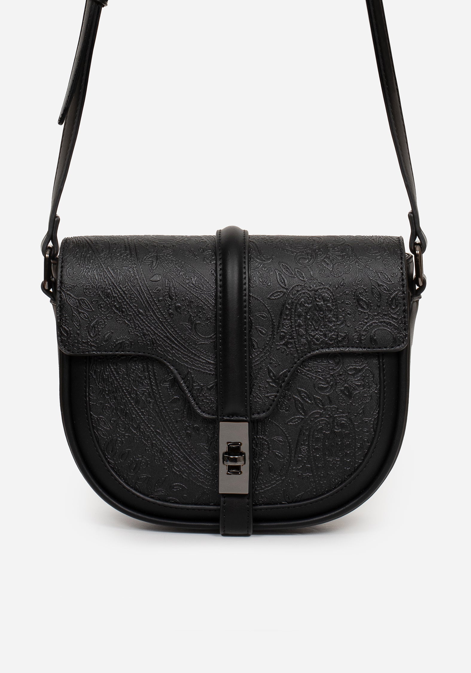Black PU Leather Crossbody Satchel Bag with Paisley Debossed Pattern | Cypress