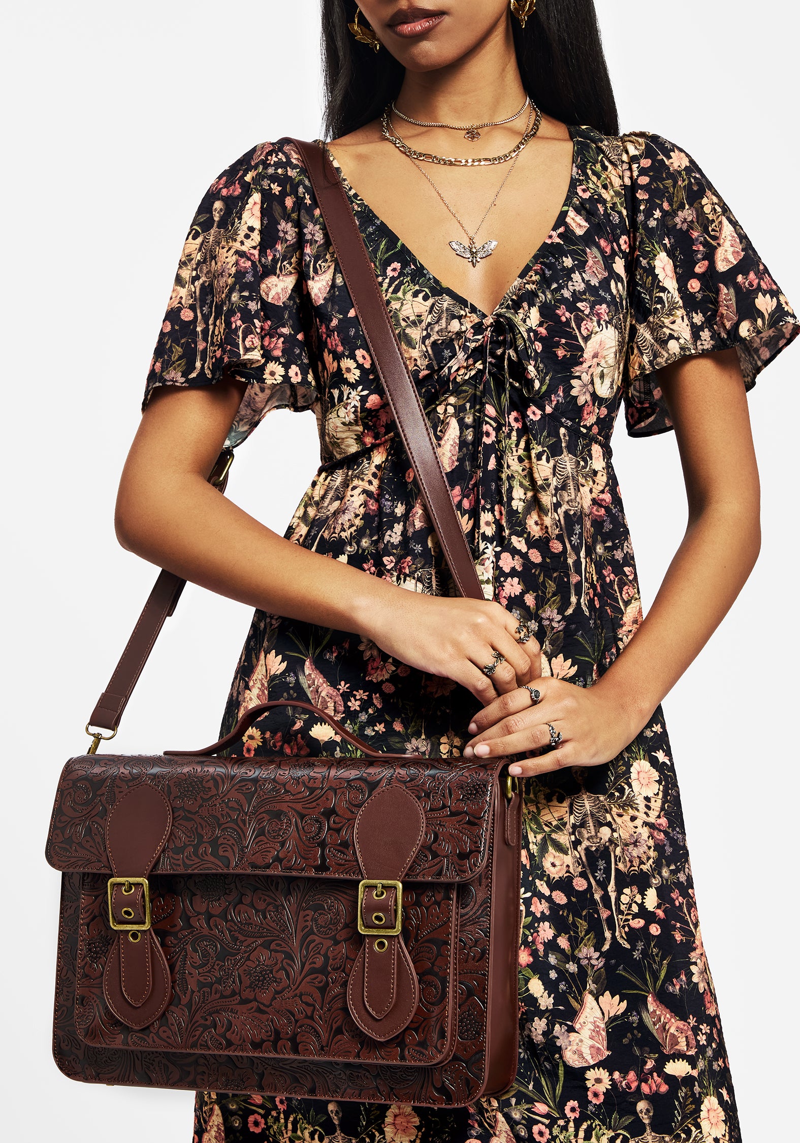 Floral Debossed Mini Crossbody Bag with Adjustable Strap | Sunder