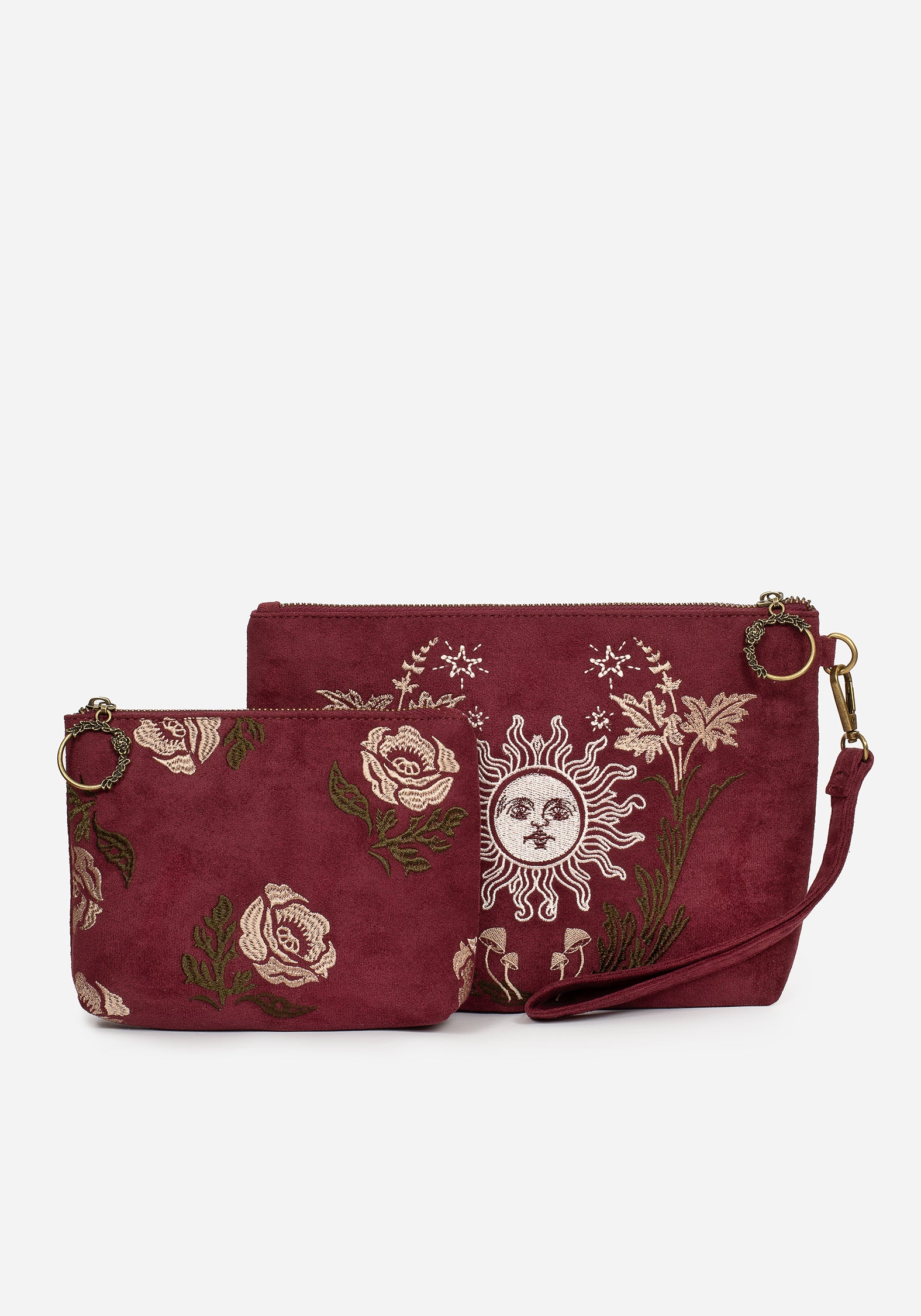 Floral Embroidered Velour Zip Pouch Set with Removable Strap | Splendour