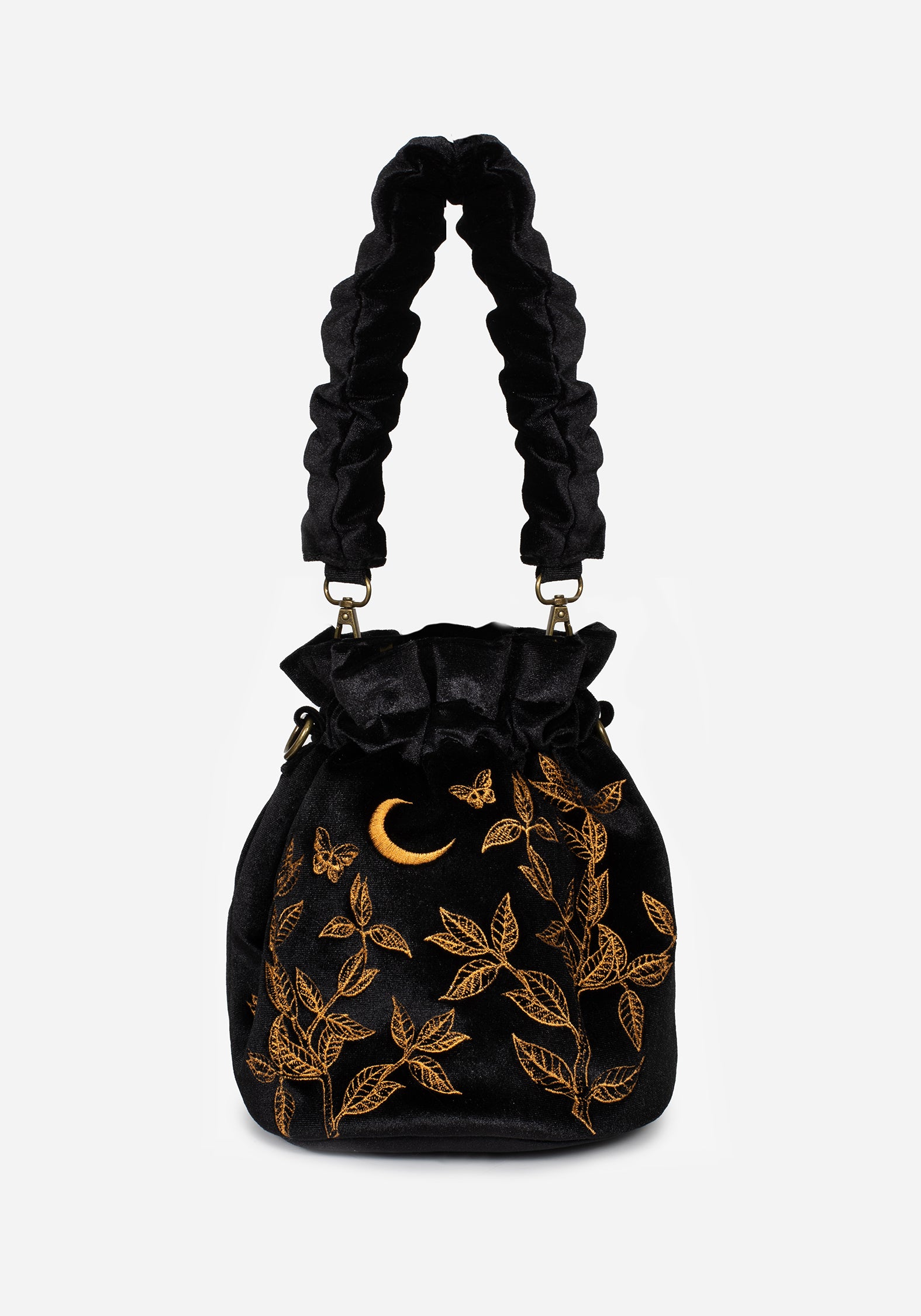 Black Velour Butterfly Embroidered Bucket Bag with Drawstring | Instar