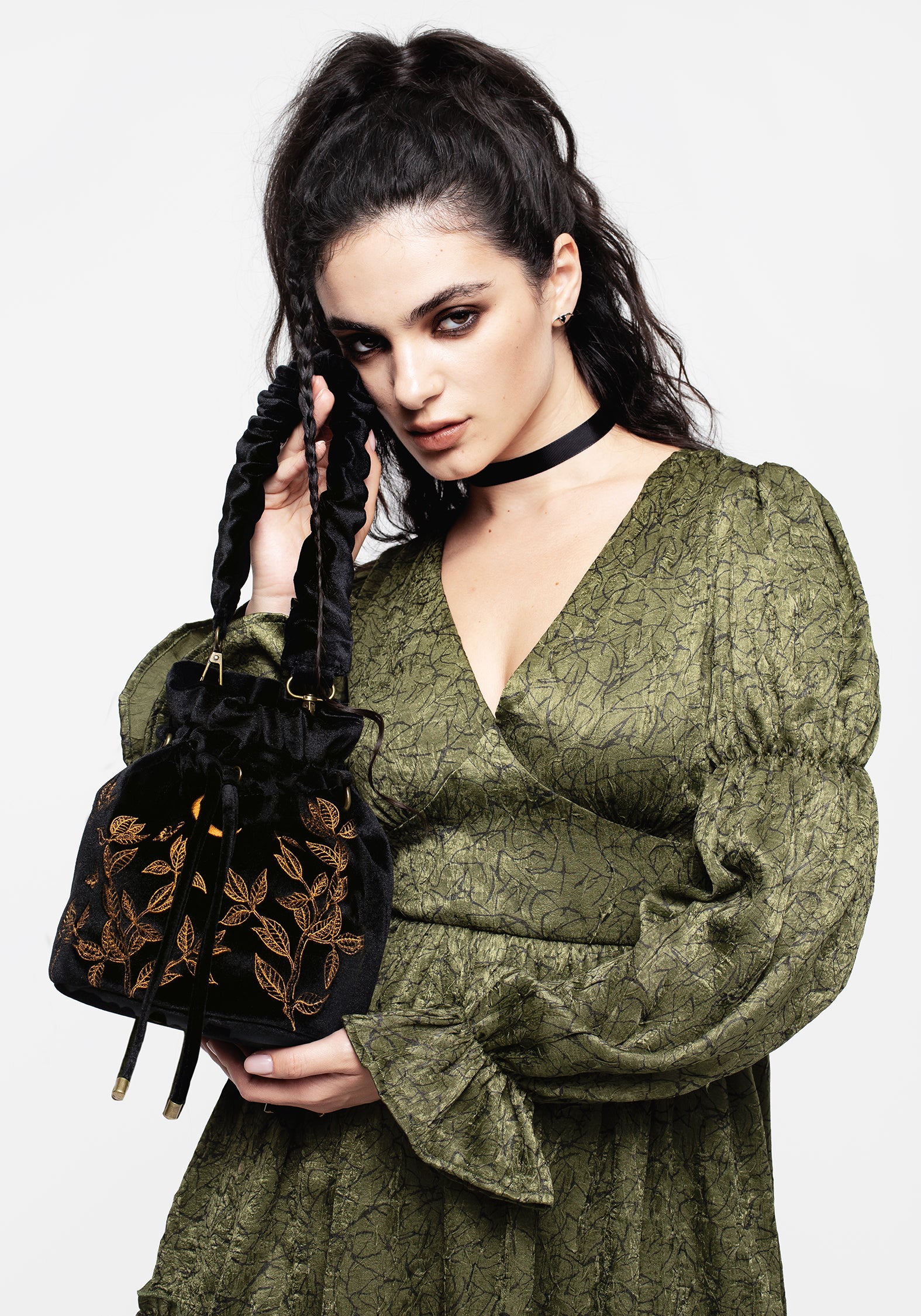 Black Velour Butterfly Embroidered Bucket Bag with Drawstring | Instar